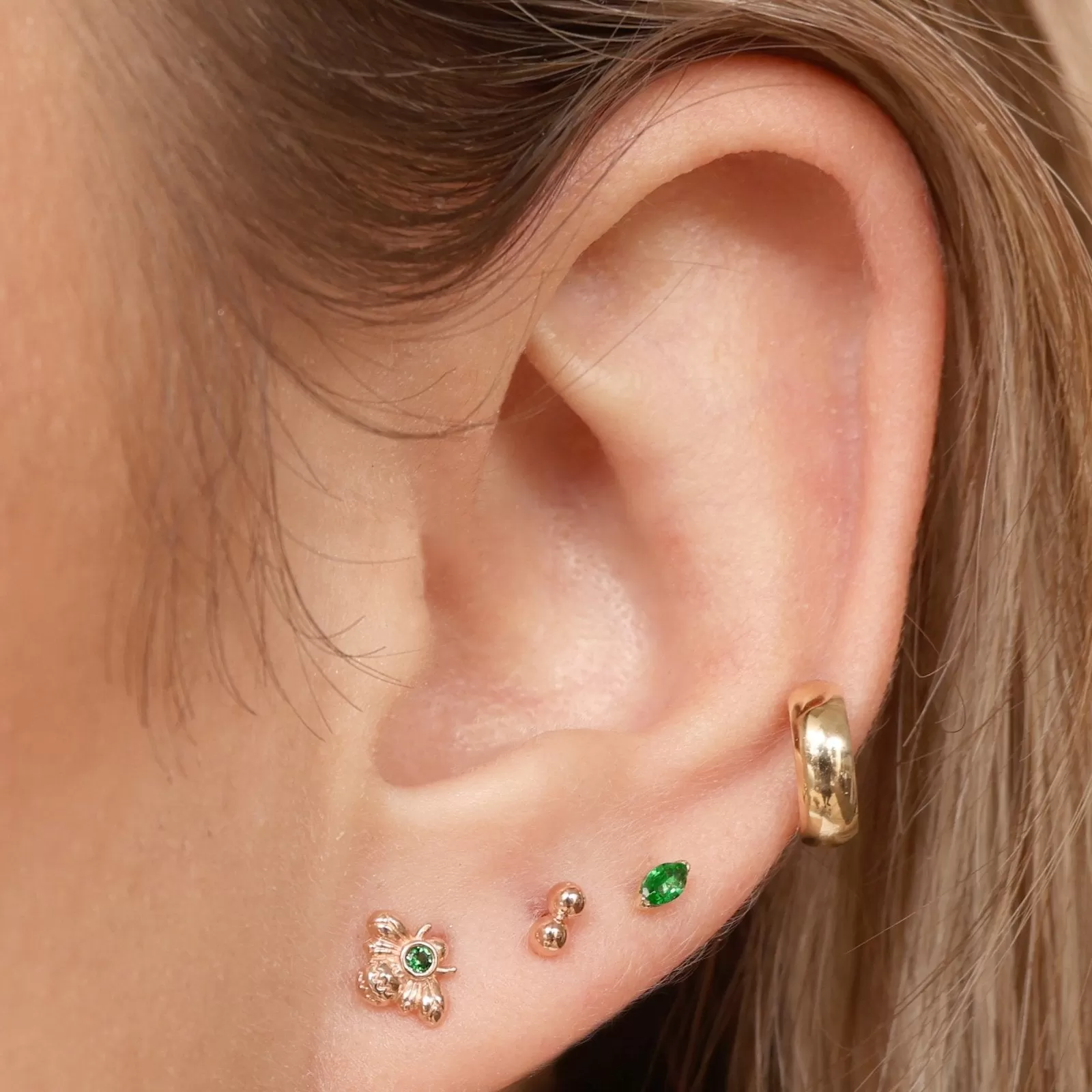 14K Gold Emerald Marquise Setting Helix Tragus Internally Threaded Flat Back Earring Labret Stud