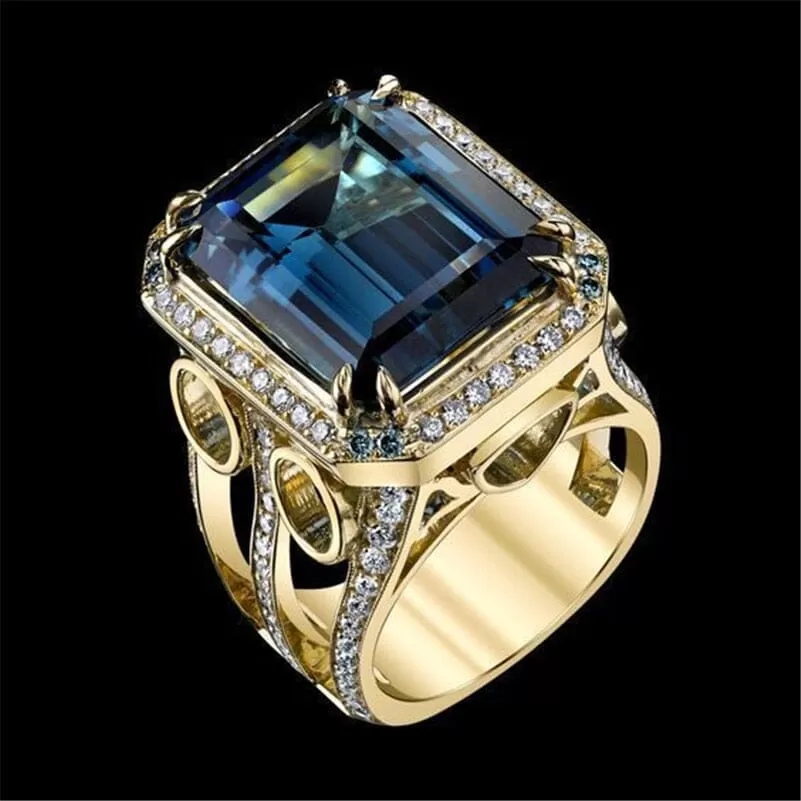 18K Gold Plated Square Sapphire 925 Sterling Silver Ring