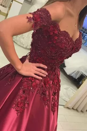 Ball Gown Red Lace Appliques Prom Dresses Off the Shoulder Quinceanera Dresses