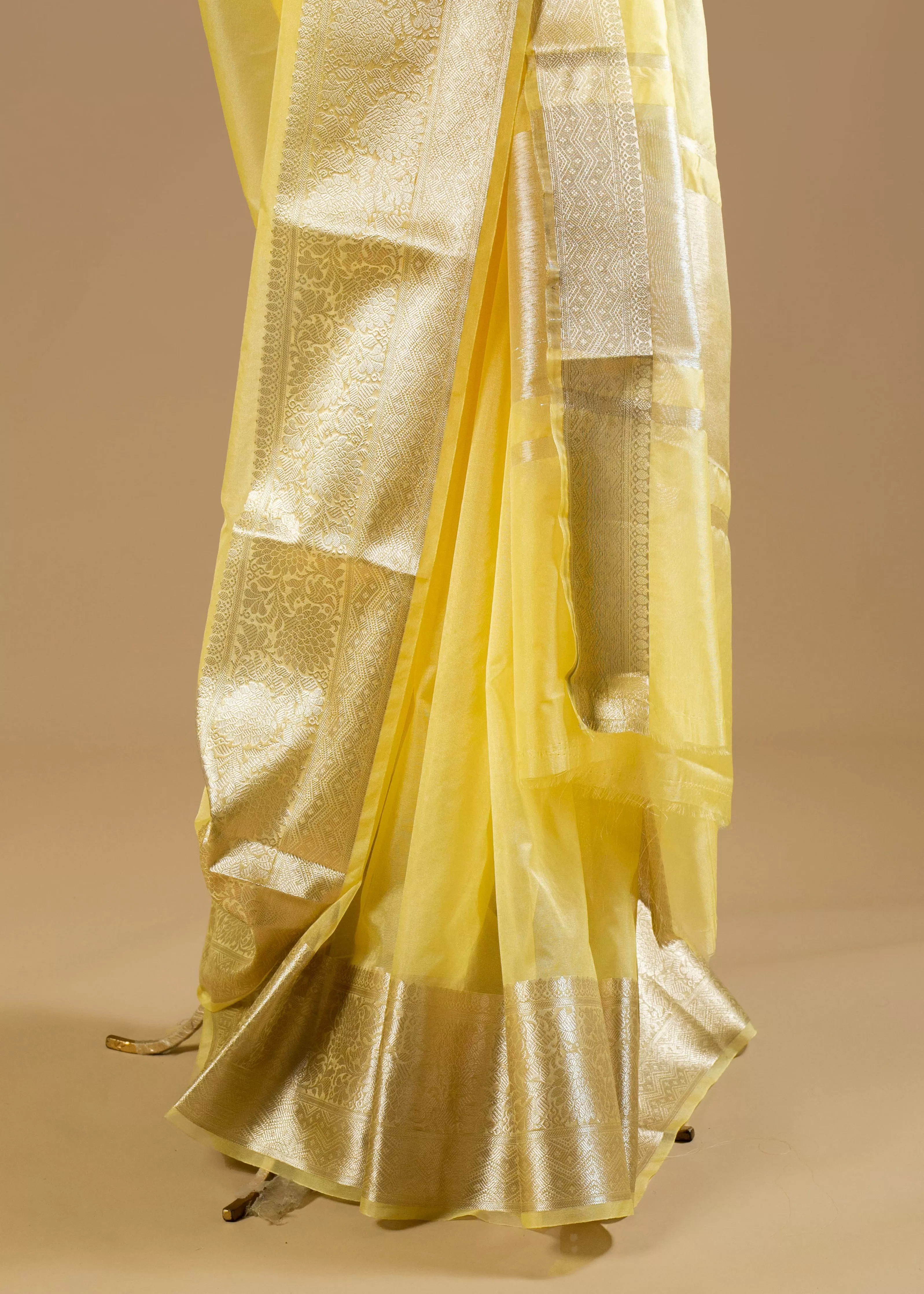 Banarasi Gold Woven Border Lemon Yellow Georgette Organza Saree with Woven Border Blouse