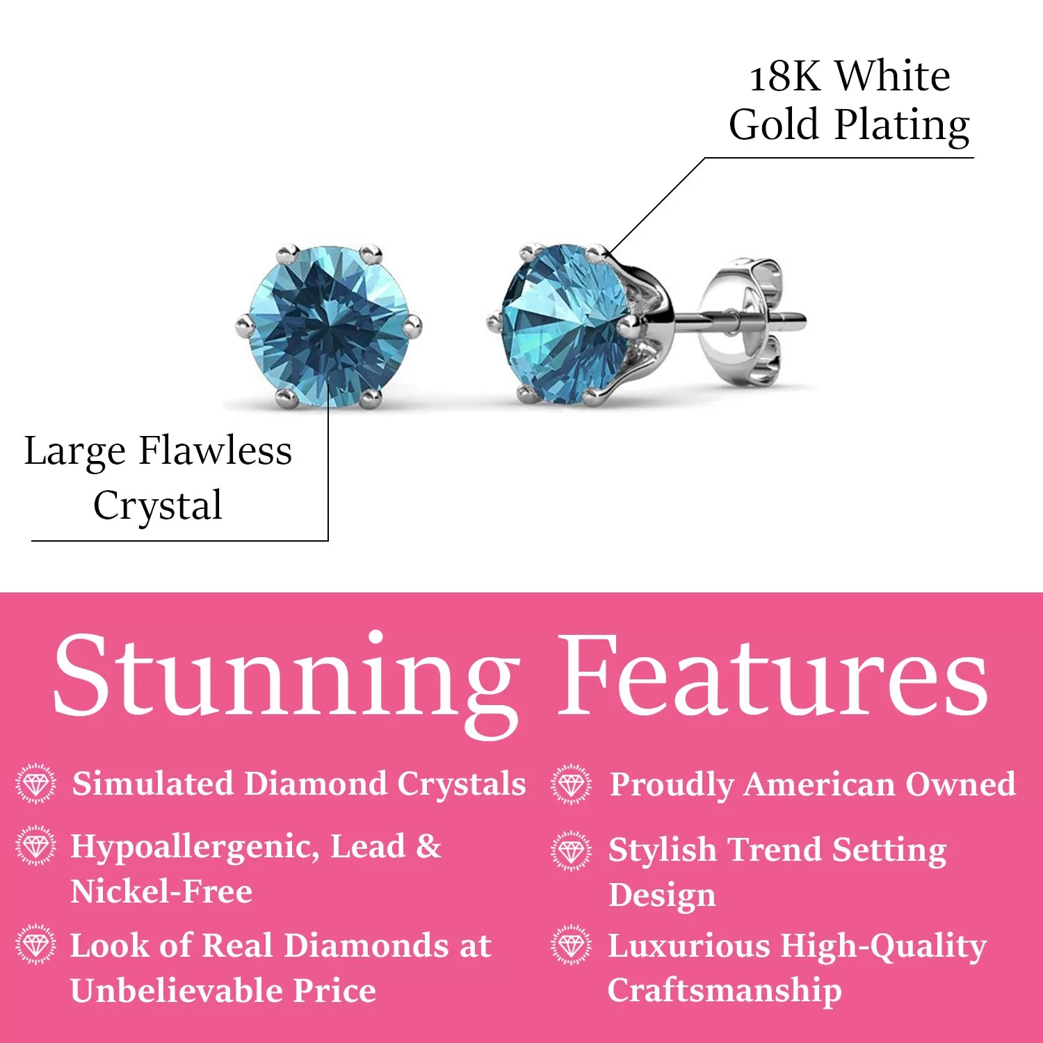 Birthstone Earrings, 18k White Gold Plated Stud Earrings with 1CT Crystals