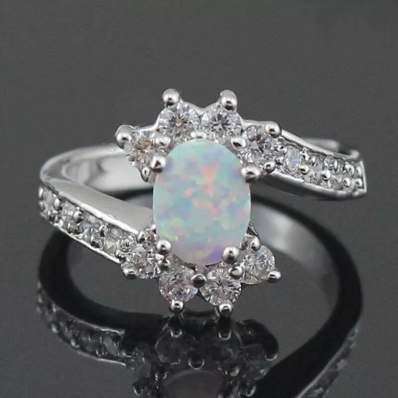 Blue and White Fire Opal Ring