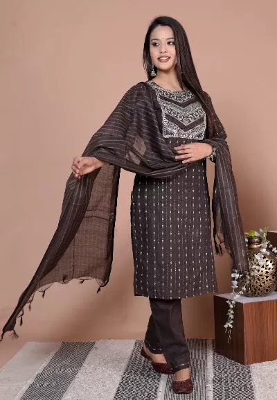 Brown Ethnic Cotton Salwar Suit Set