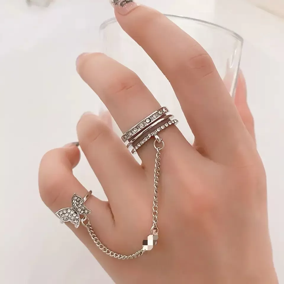 Butterfly Zircon Chain Rings For Women Girls Silver Color S4647740