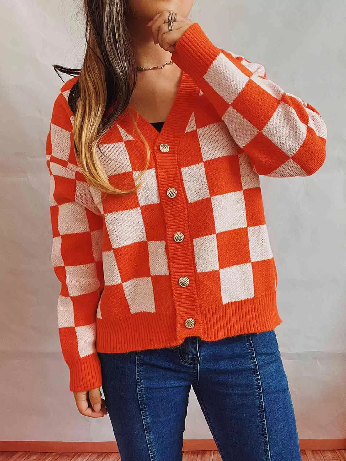 Checkered Open Front Button Up Cardigan