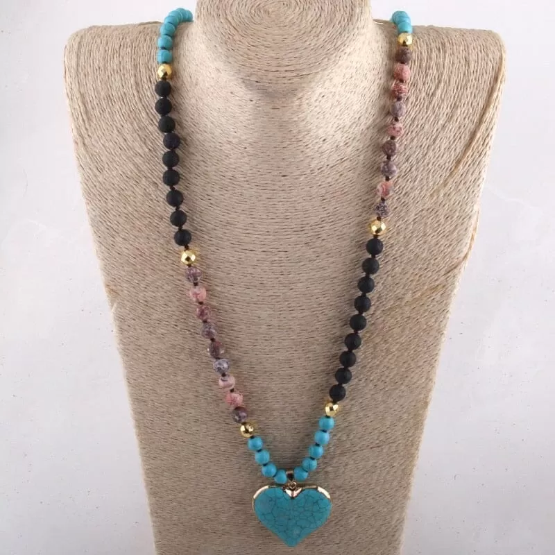 Fashion Bohemian 8mm Blue Stones Knotted With Stone Heart Turquoise Pendant Necklace