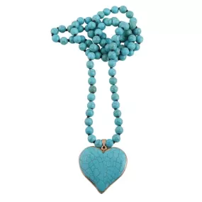 Fashion Bohemian 8mm Blue Stones Knotted With Stone Heart Turquoise Pendant Necklace