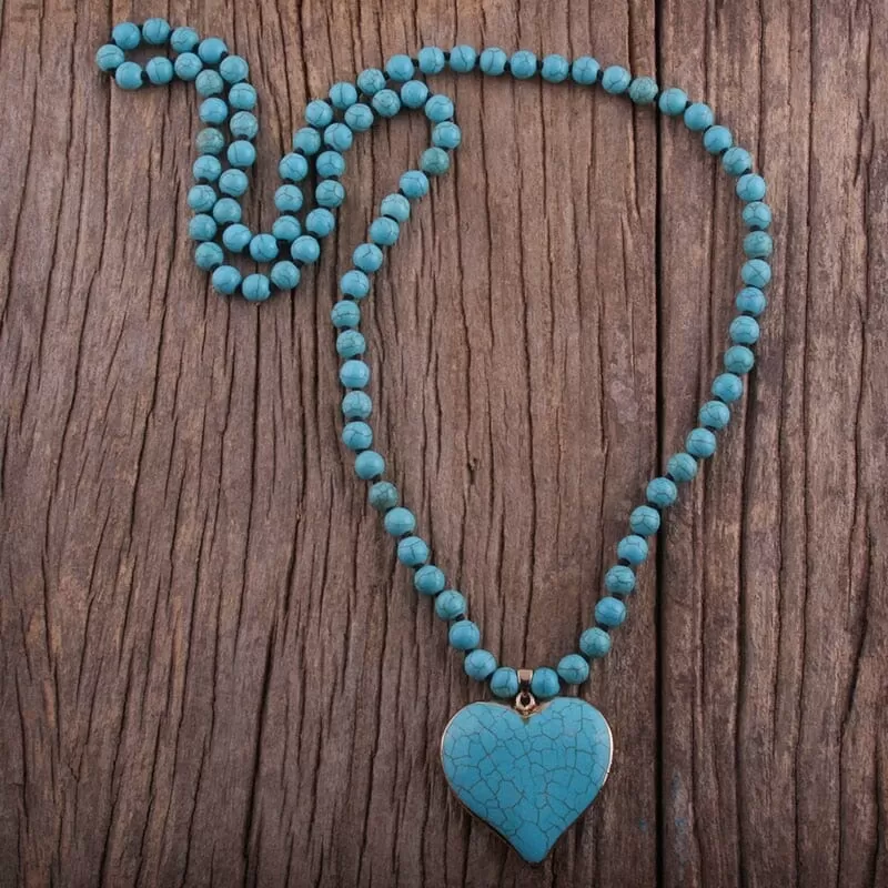 Fashion Bohemian 8mm Blue Stones Knotted With Stone Heart Turquoise Pendant Necklace