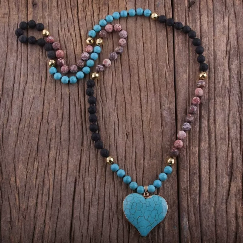 Fashion Bohemian 8mm Blue Stones Knotted With Stone Heart Turquoise Pendant Necklace