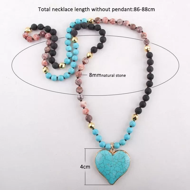 Fashion Bohemian 8mm Blue Stones Knotted With Stone Heart Turquoise Pendant Necklace