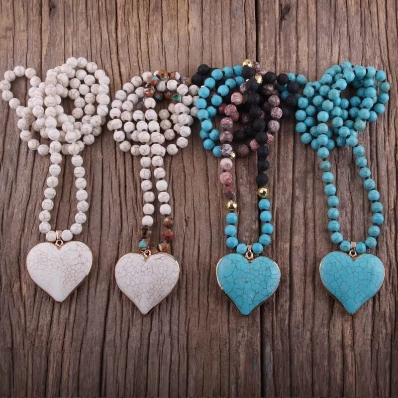 Fashion Bohemian 8mm Blue Stones Knotted With Stone Heart Turquoise Pendant Necklace