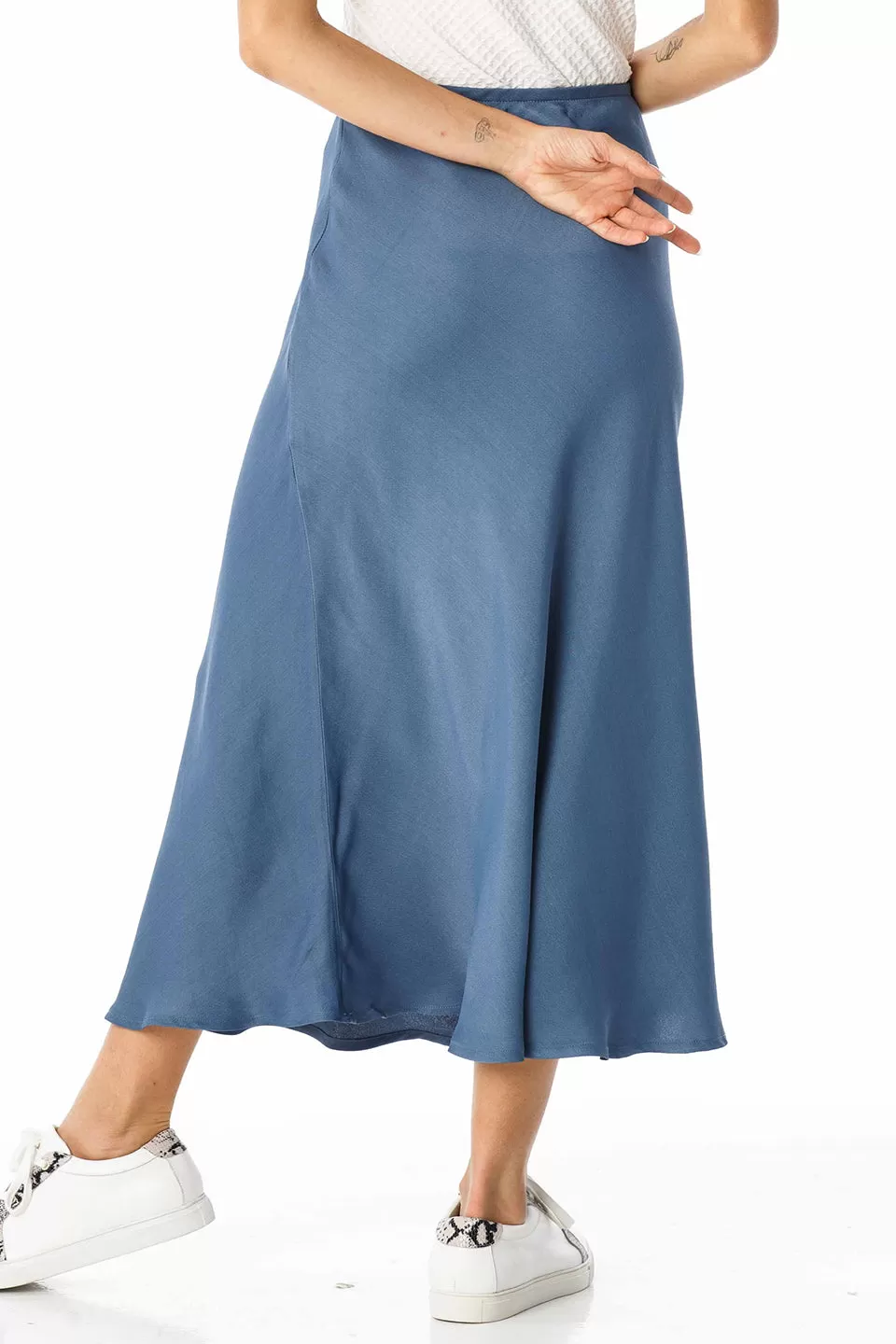 Friday Bias Cut Satin Blue Denim Skirt