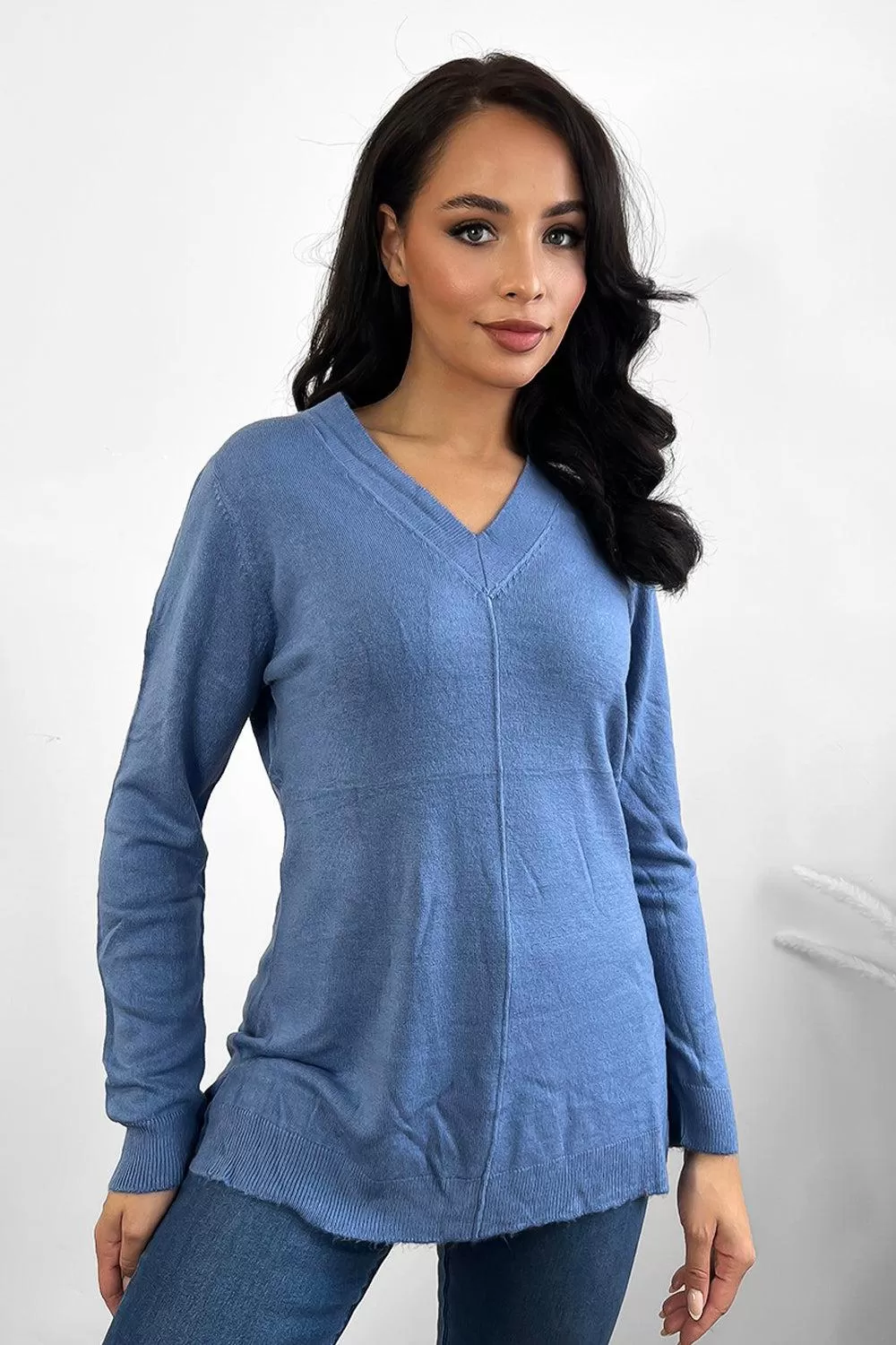 Front Seam V-Neck Soft Knit Pullover