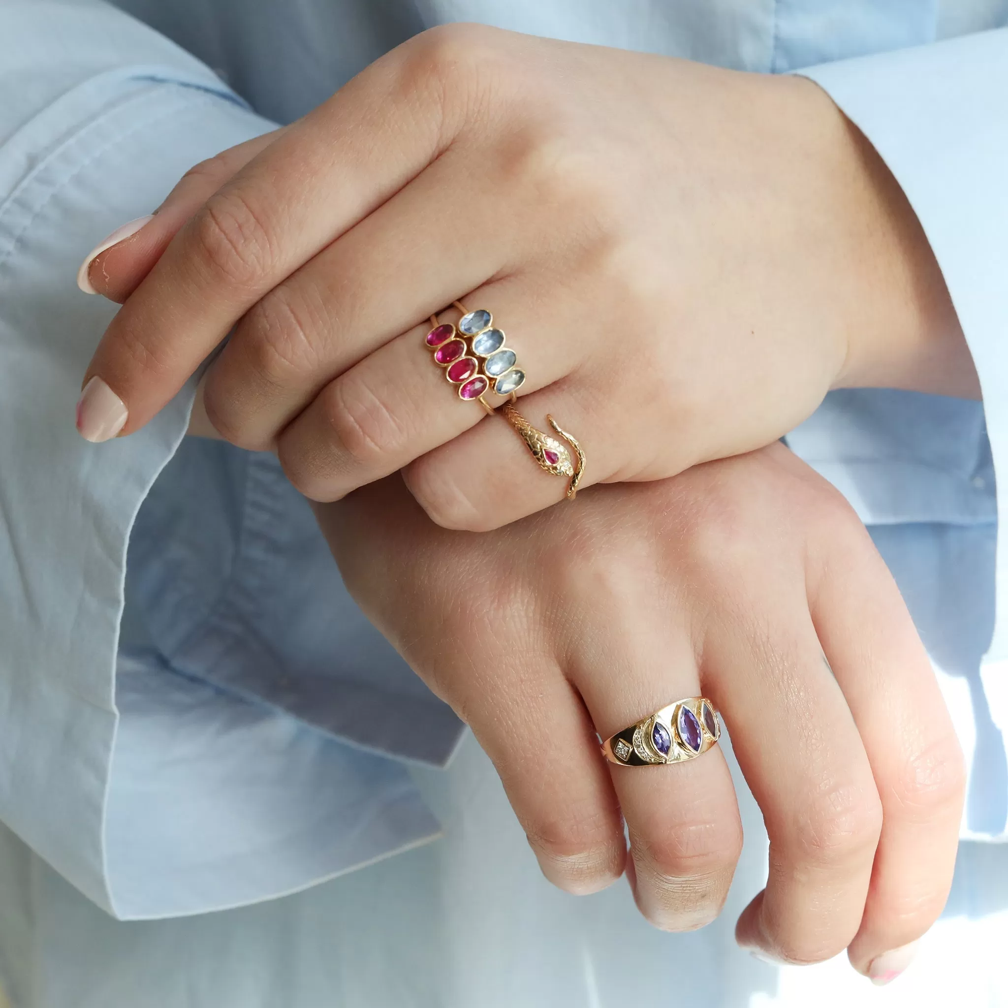 Gold Bezel-Set Four Ruby Ring