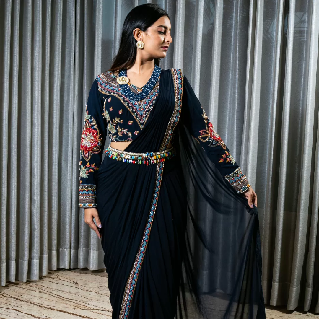 Handcrafted Georgette and Lycra Drape Saree with Intricate Embroidery and Embellishments