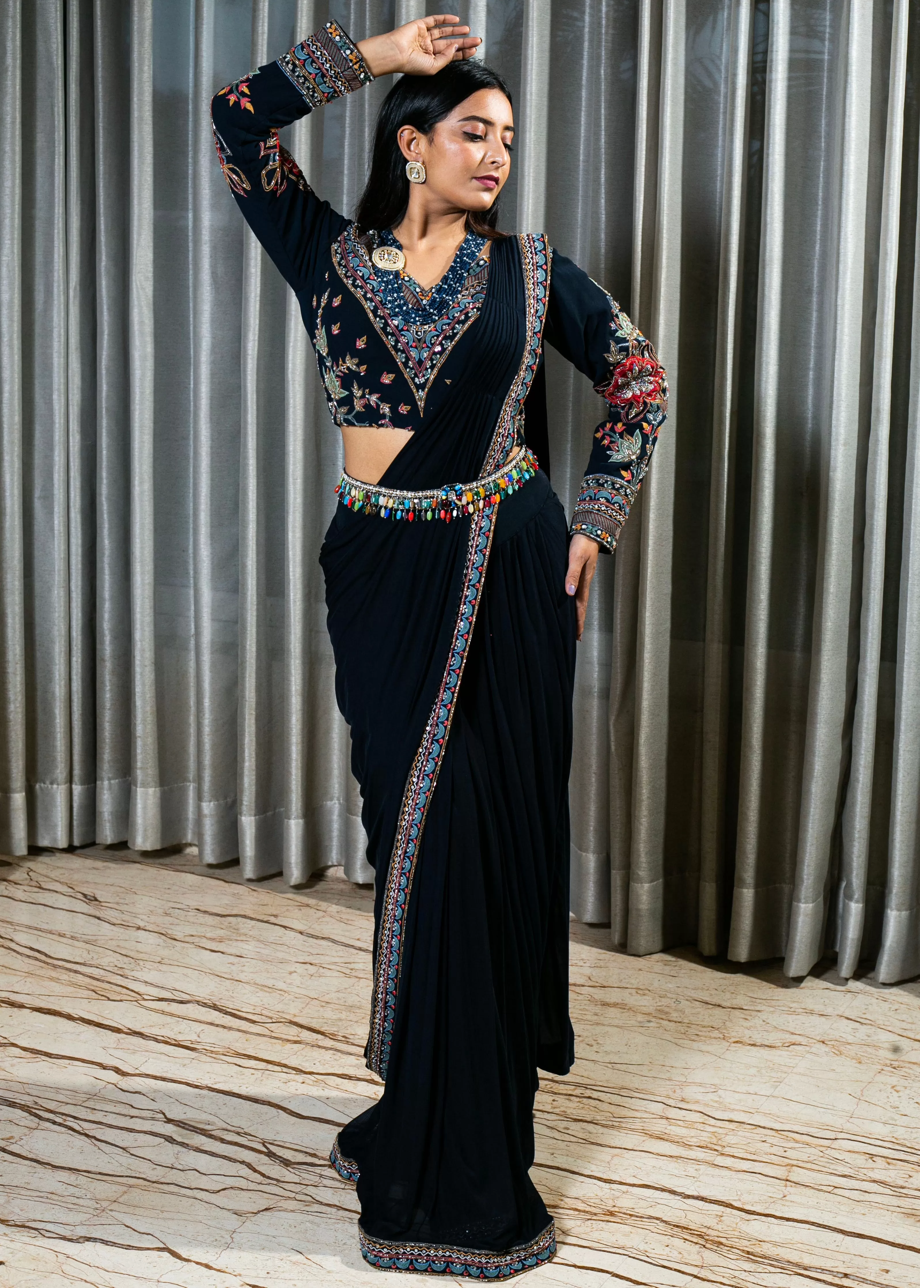 Handcrafted Georgette and Lycra Drape Saree with Intricate Embroidery and Embellishments