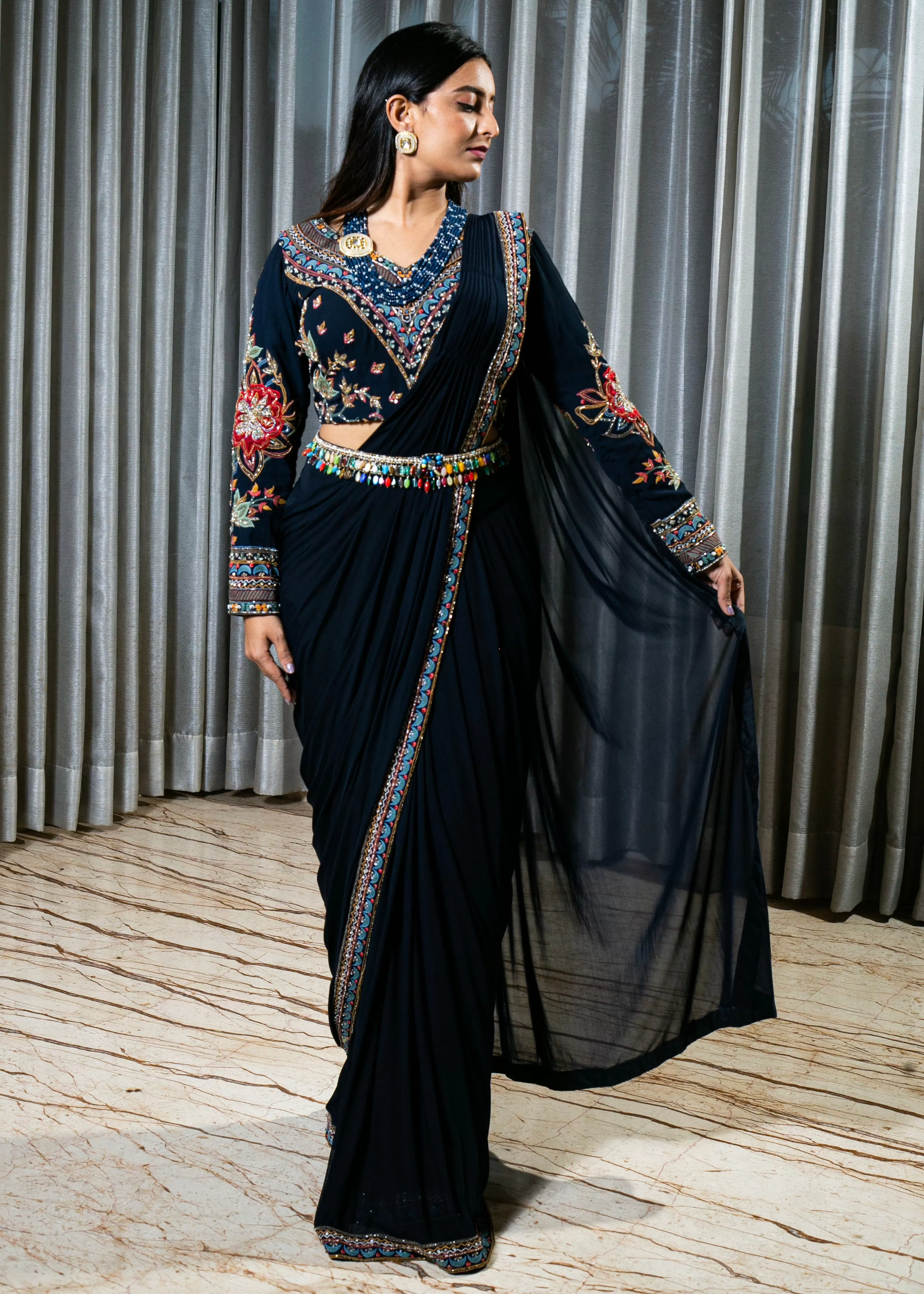 Handcrafted Georgette and Lycra Drape Saree with Intricate Embroidery and Embellishments