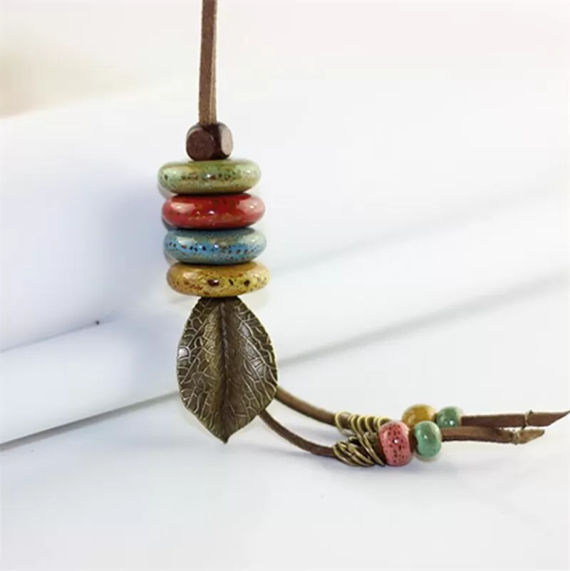 Handmade Colorful Chain with Leaf Rope Style Long Necklace