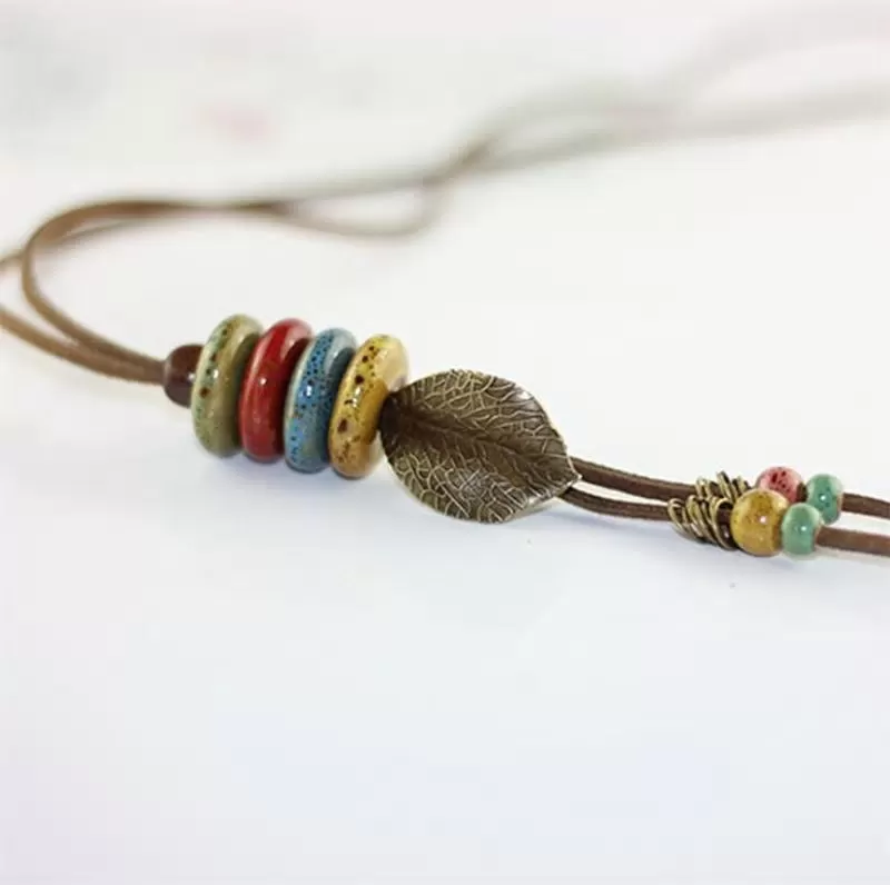 Handmade Colorful Chain with Leaf Rope Style Long Necklace