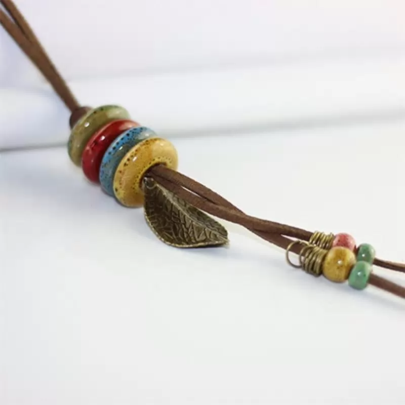 Handmade Colorful Chain with Leaf Rope Style Long Necklace