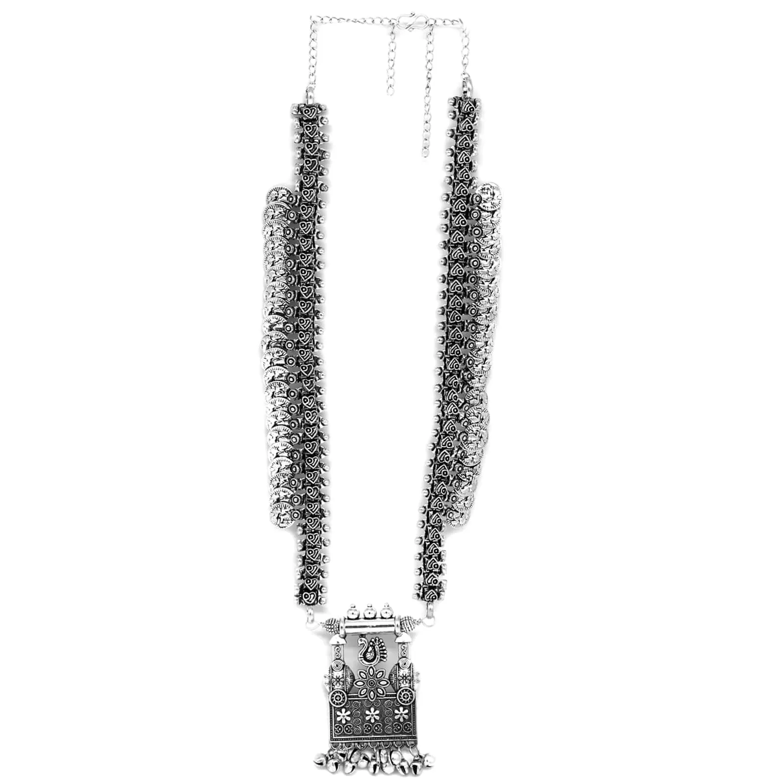 Kaveesha Silver Oxidized Peacock Necklace Set