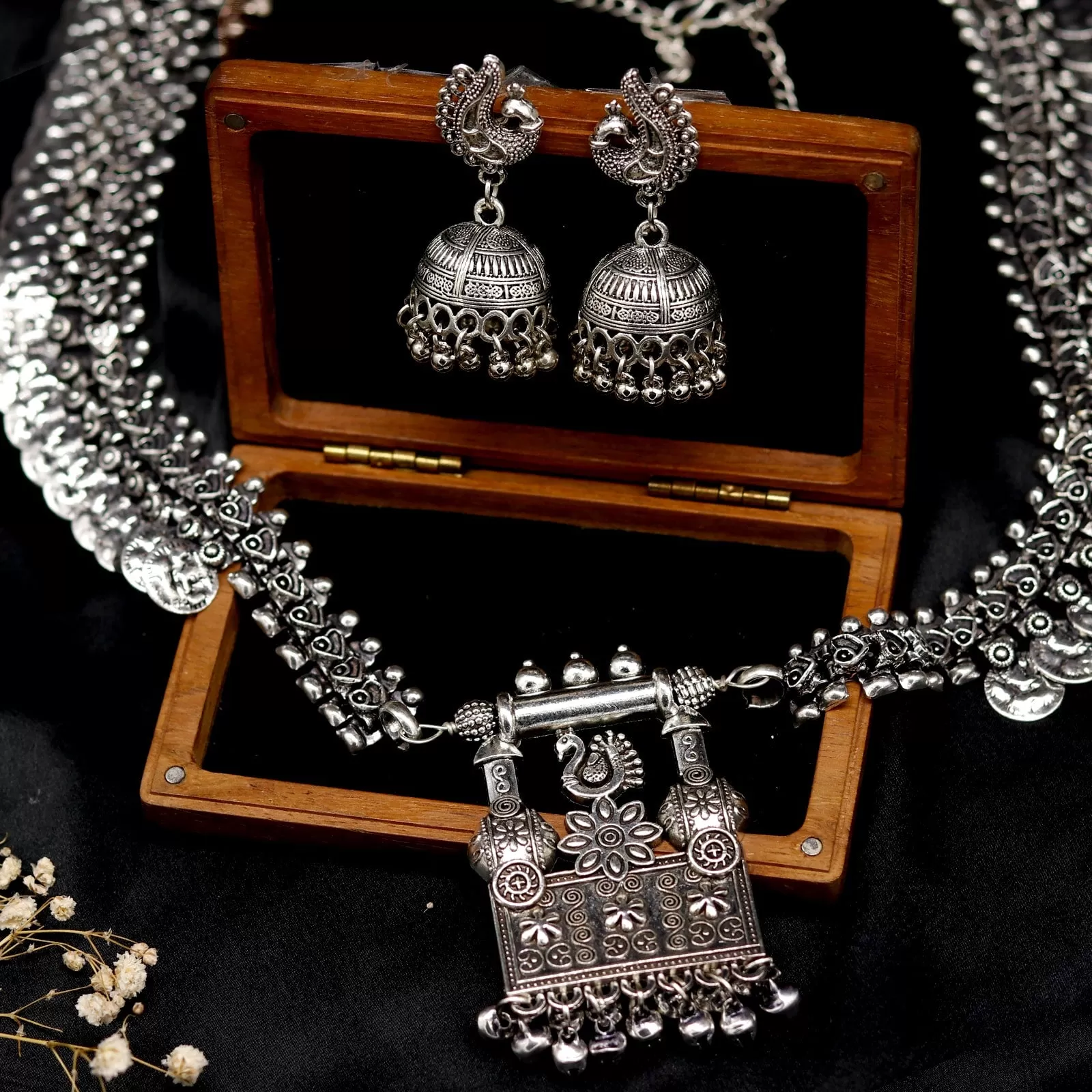 Kaveesha Silver Oxidized Peacock Necklace Set