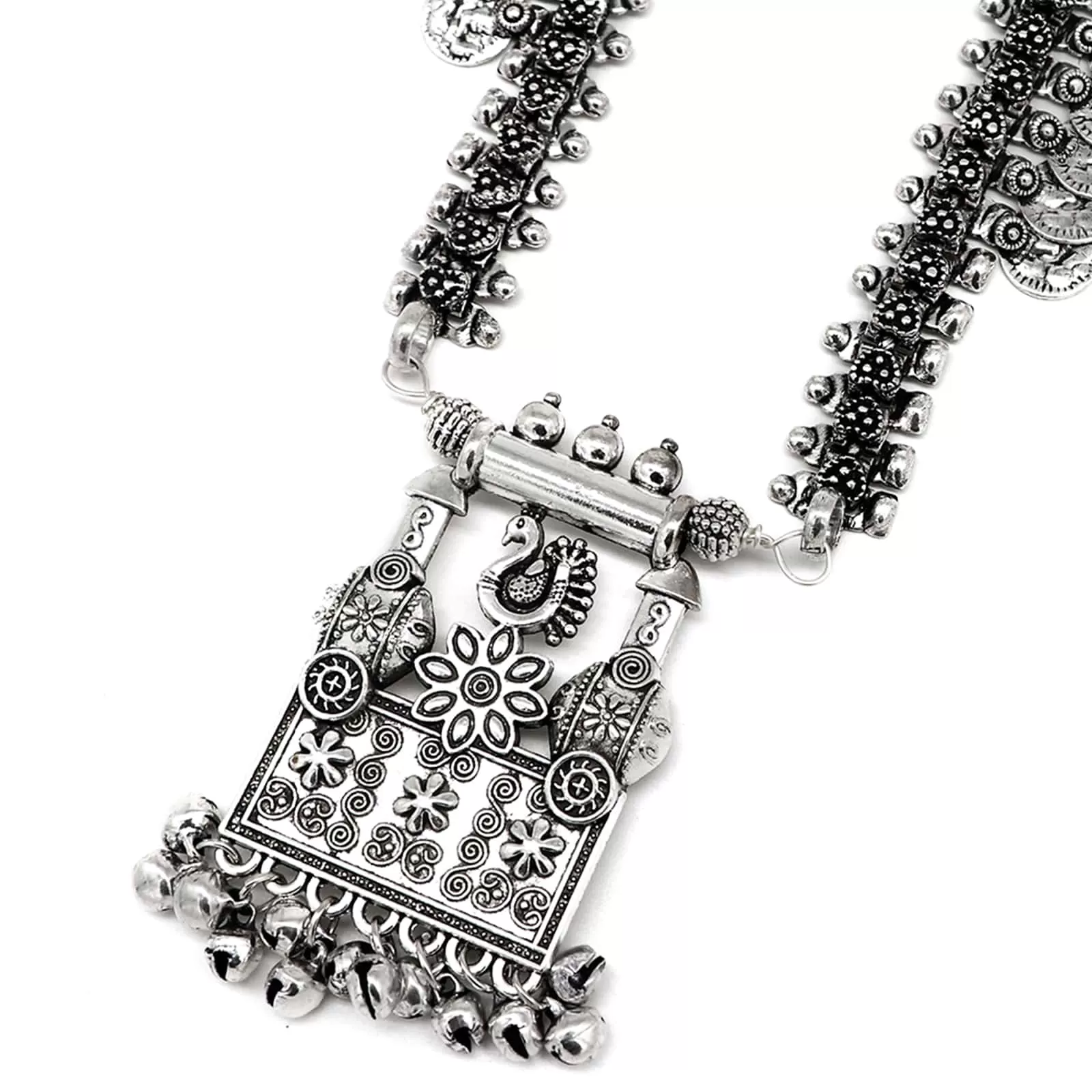 Kaveesha Silver Oxidized Peacock Necklace Set