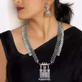 Kaveesha Silver Oxidized Peacock Necklace Set