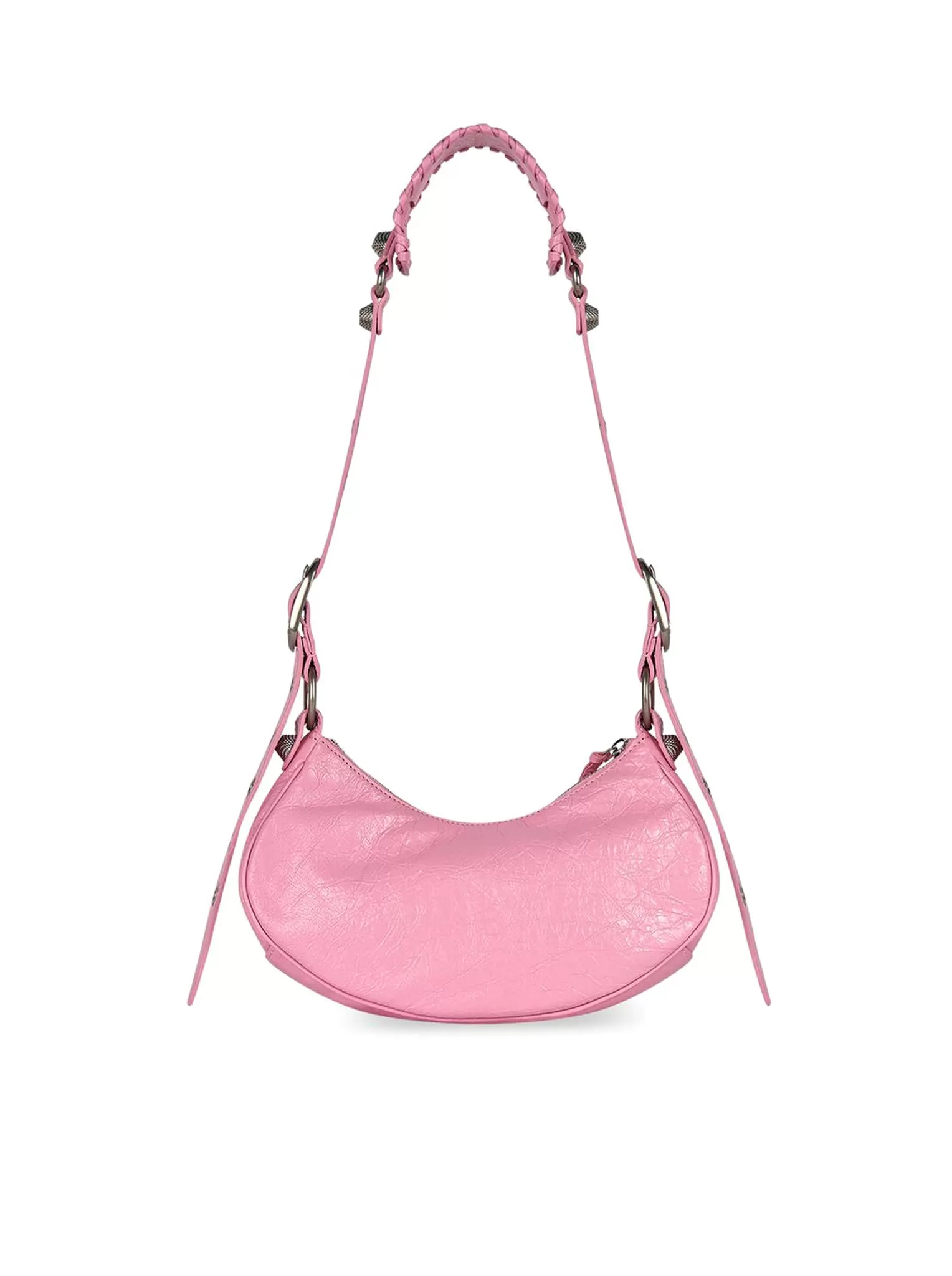 Le Cagole XS Shoulder Bag in light pink Arena lambskin, aged silver hardware