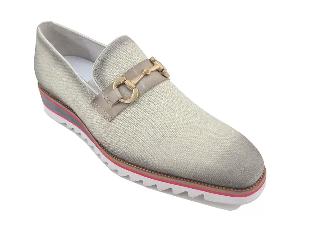 Linen Loafer With Gold Tone Buckle