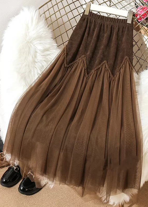 Loose Coffee Ruffled Elastic Waist Patchwork Tulle Skirts Spring AS1054