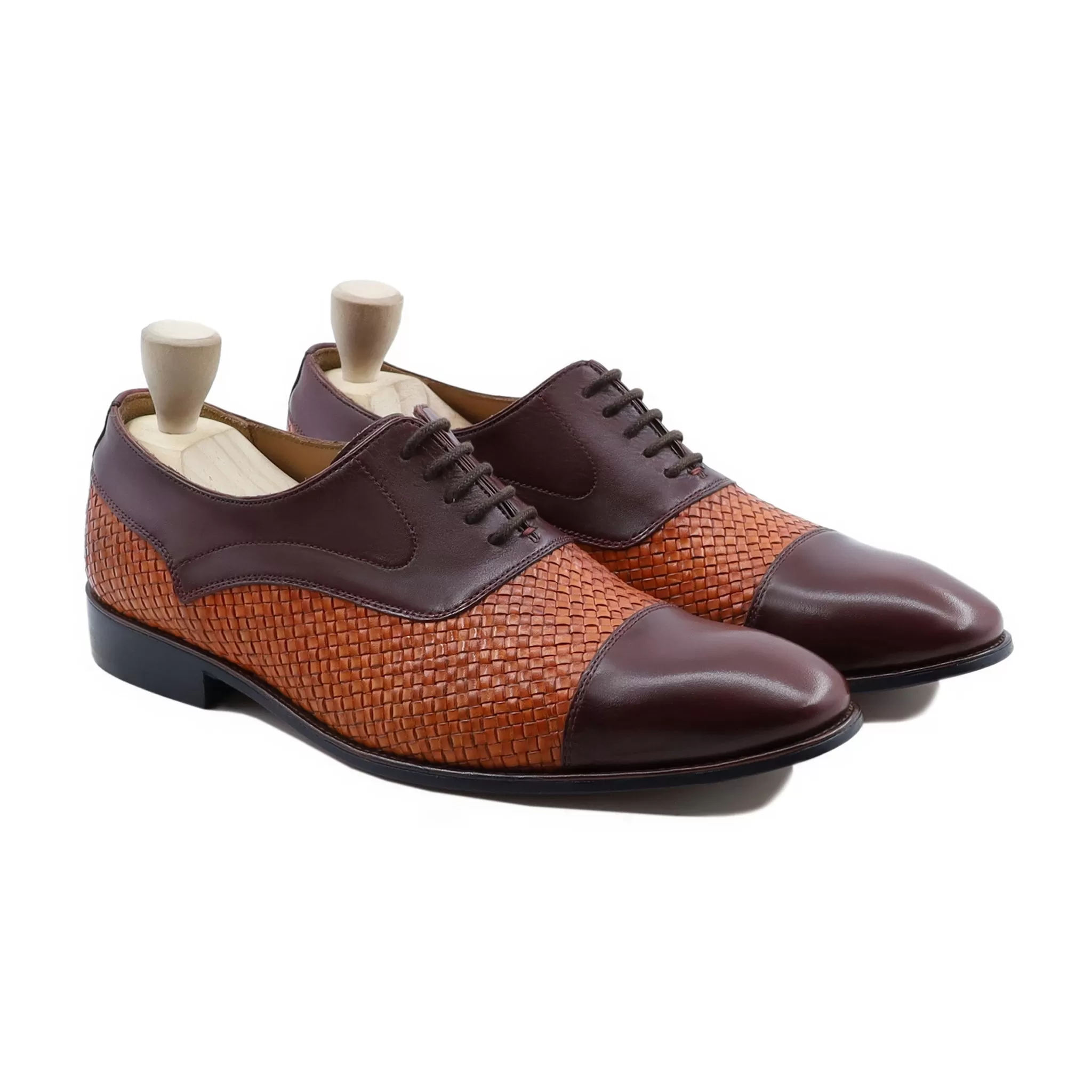 Lusaka - Men's Dark Brown Calf and Tan Hand Woven Leather Oxford