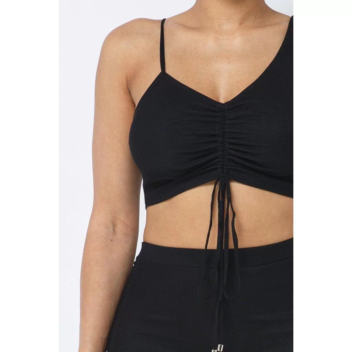 Mesh Strappy Adjustable Ruched Crop Top With Matching See Through Side Panel Leggings