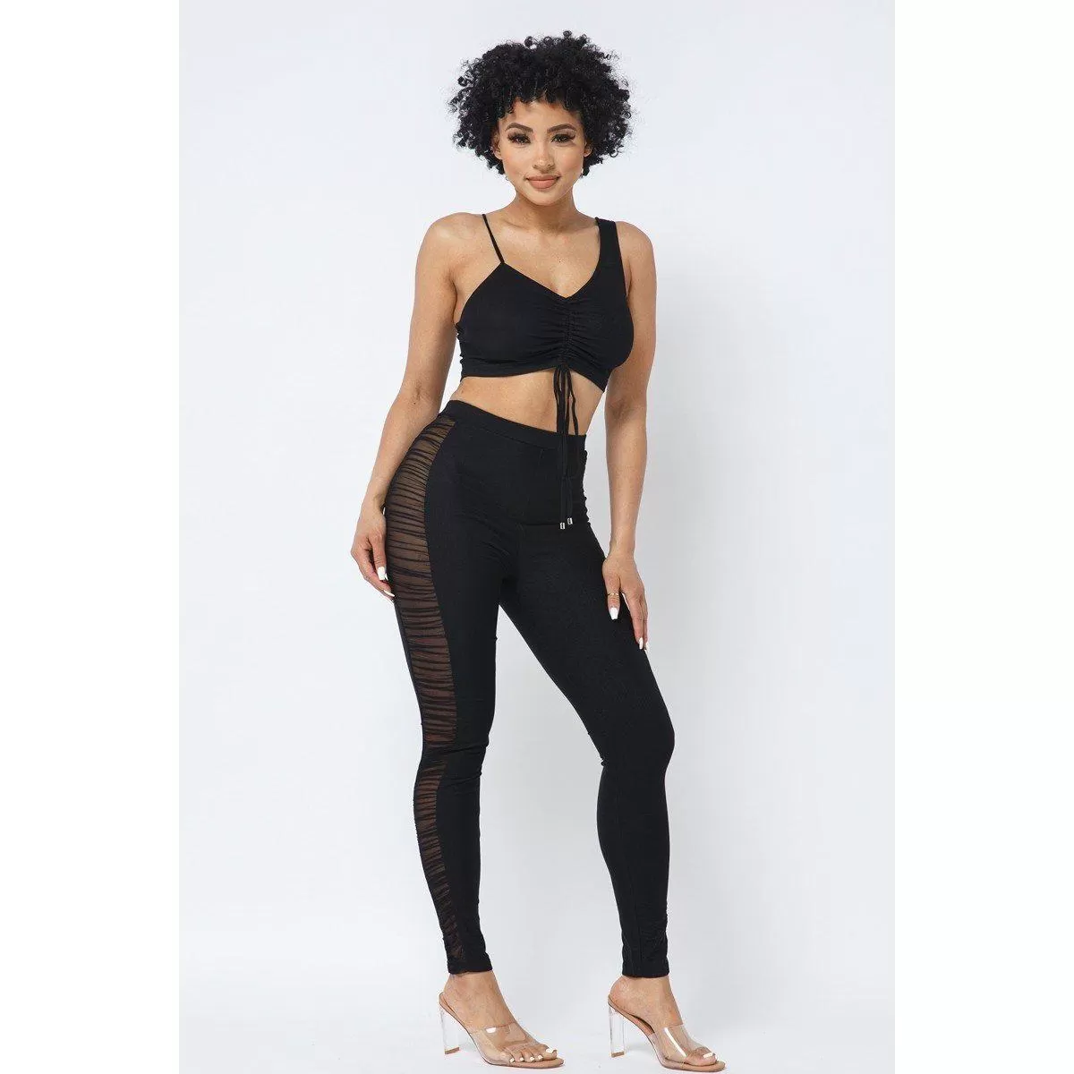 Mesh Strappy Adjustable Ruched Crop Top With Matching See Through Side Panel Leggings