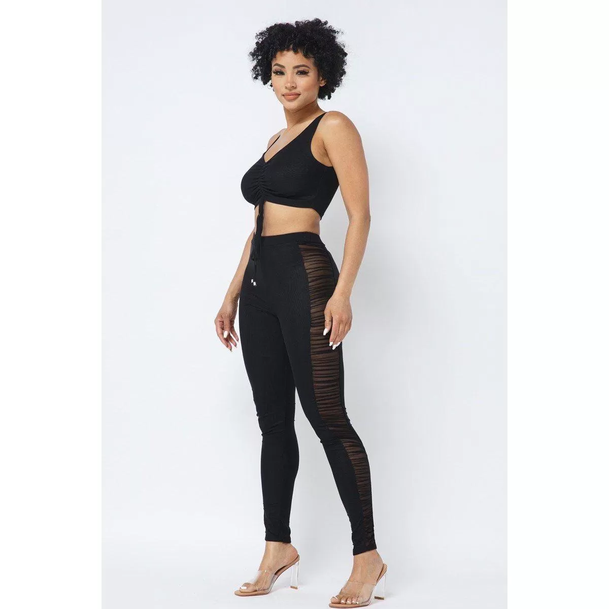 Mesh Strappy Adjustable Ruched Crop Top With Matching See Through Side Panel Leggings