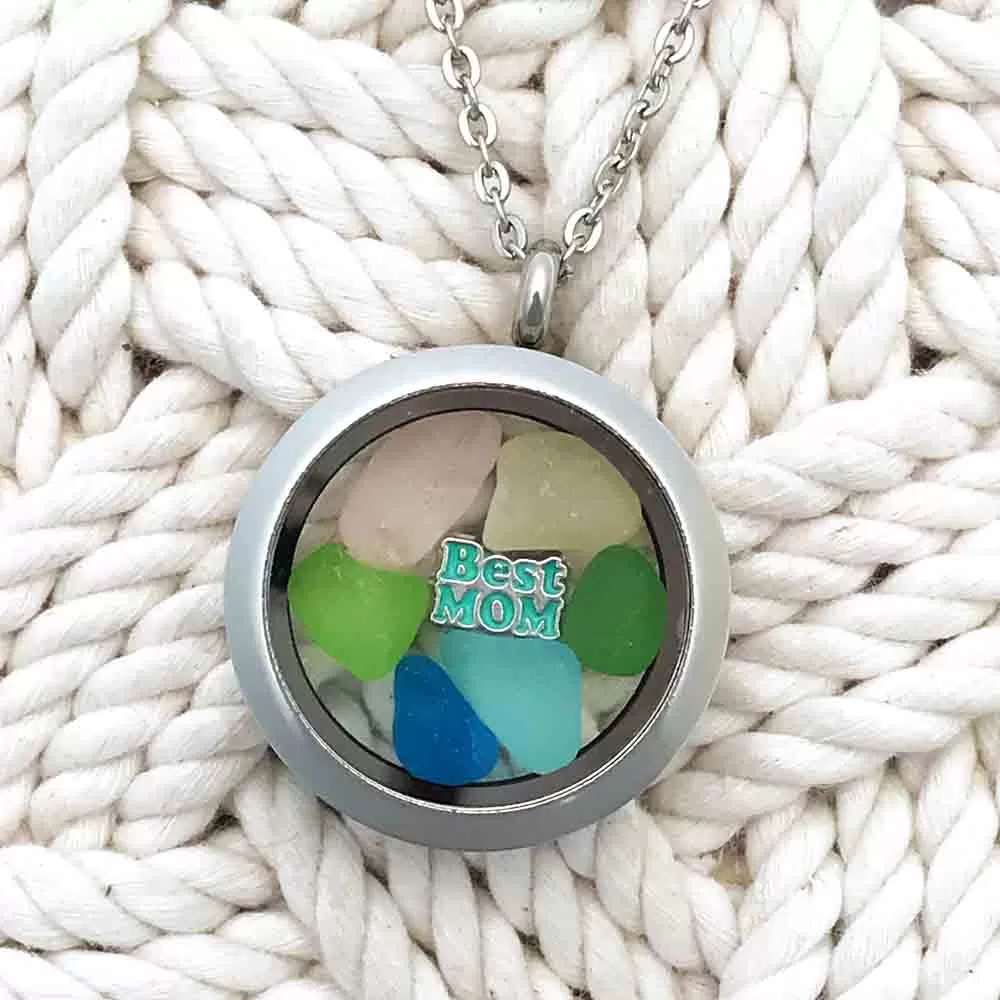 Pastel Rainbow Best Mom Sea Glass Locket | #1568