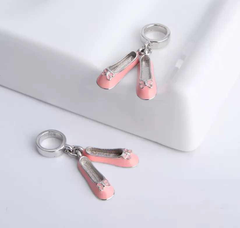 Pink Ballet Slipper Dangle Charm 925 Sterling Silver