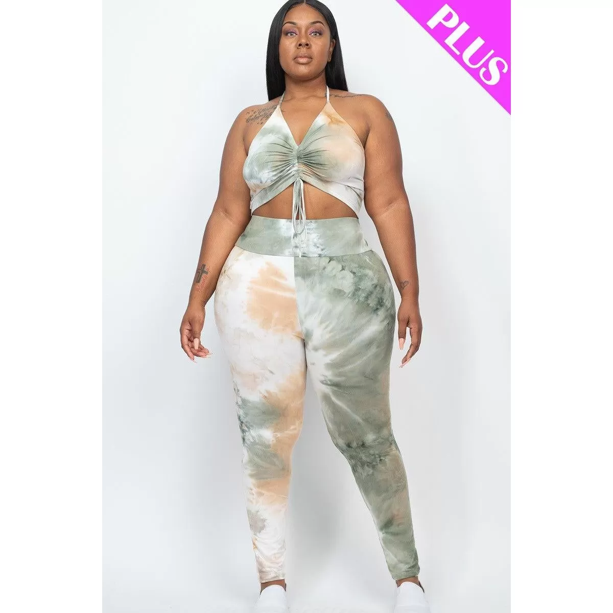 Plus Adjustable Ruched Crop Top And Leggings Set