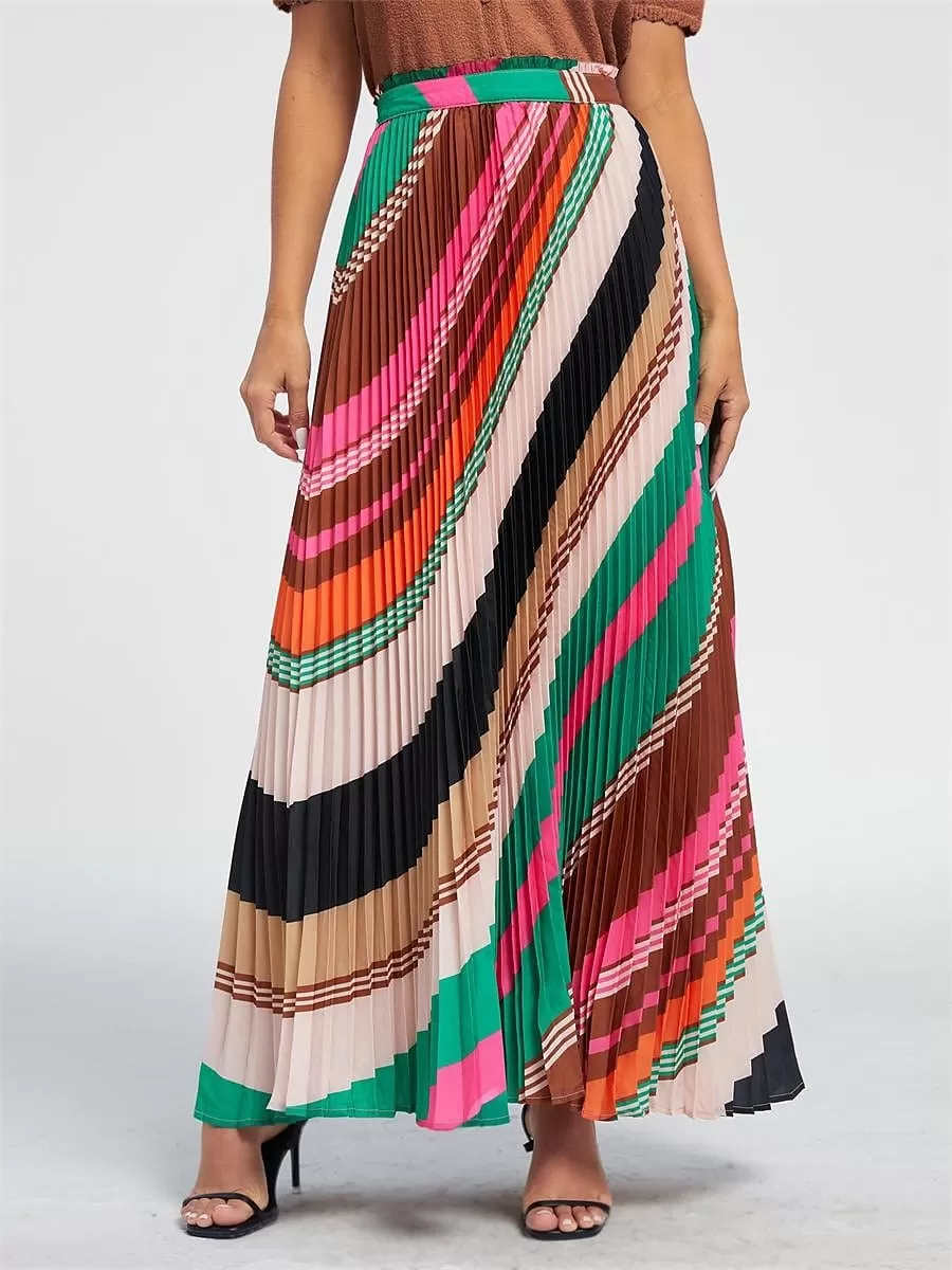 Rainbow Print Pleated Maxi Skirt for Women - S M L Sizes Available