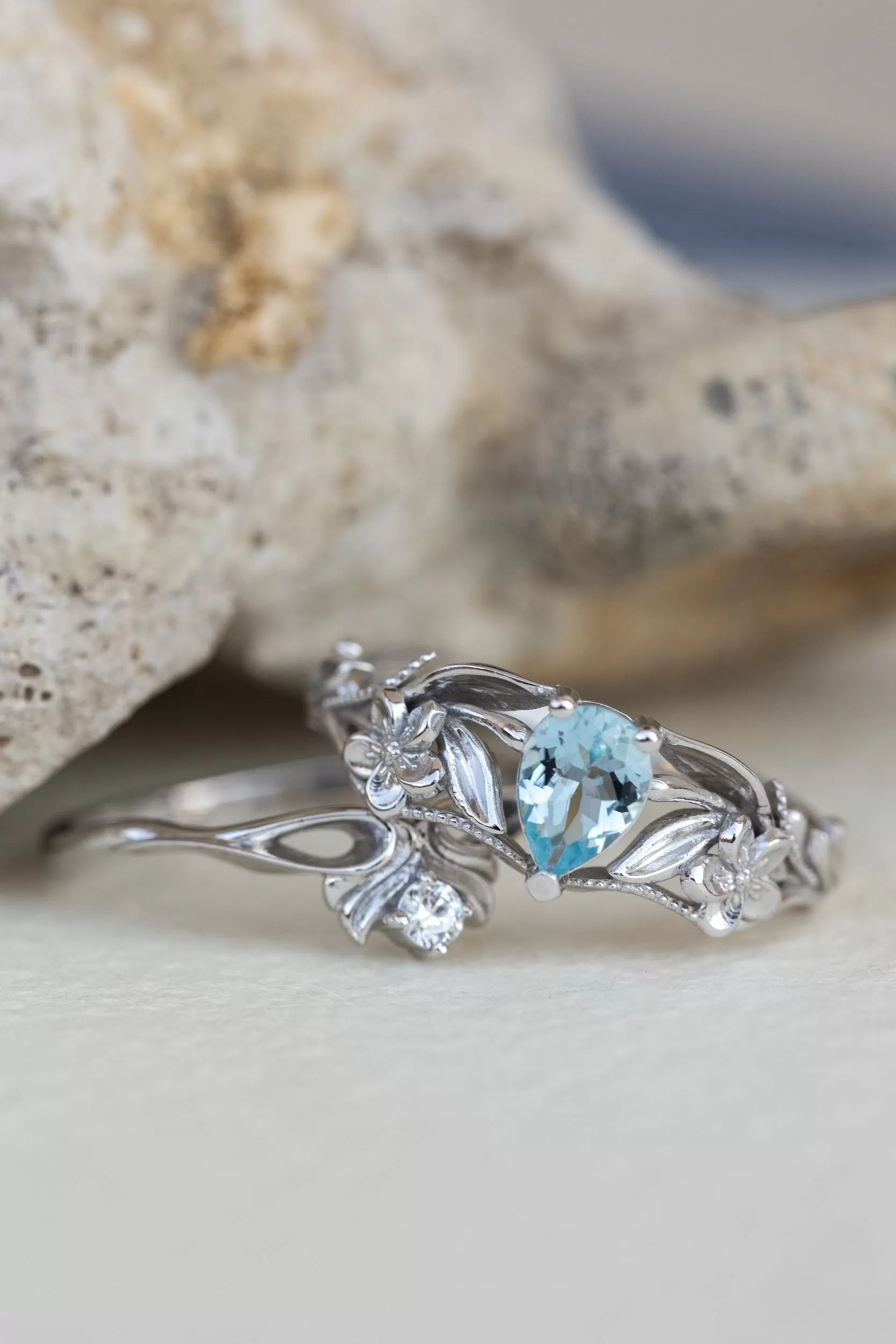 READY TO SHIP: Eloise ring set in 14K white gold, natural aquamarine pear cut 7x5 mm, accent natural diamond, AVAILABLE RING SIZES: 8-10US