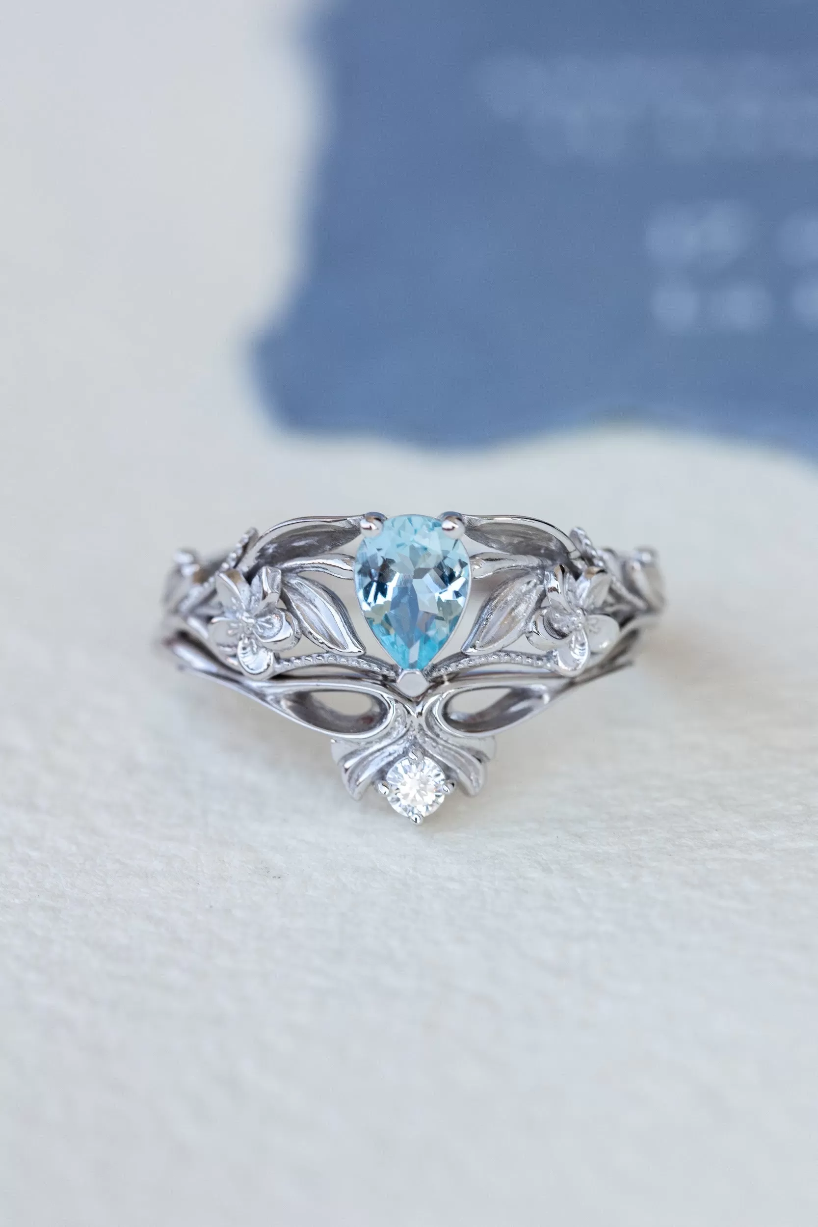 READY TO SHIP: Eloise ring set in 14K white gold, natural aquamarine pear cut 7x5 mm, accent natural diamond, AVAILABLE RING SIZES: 8-10US