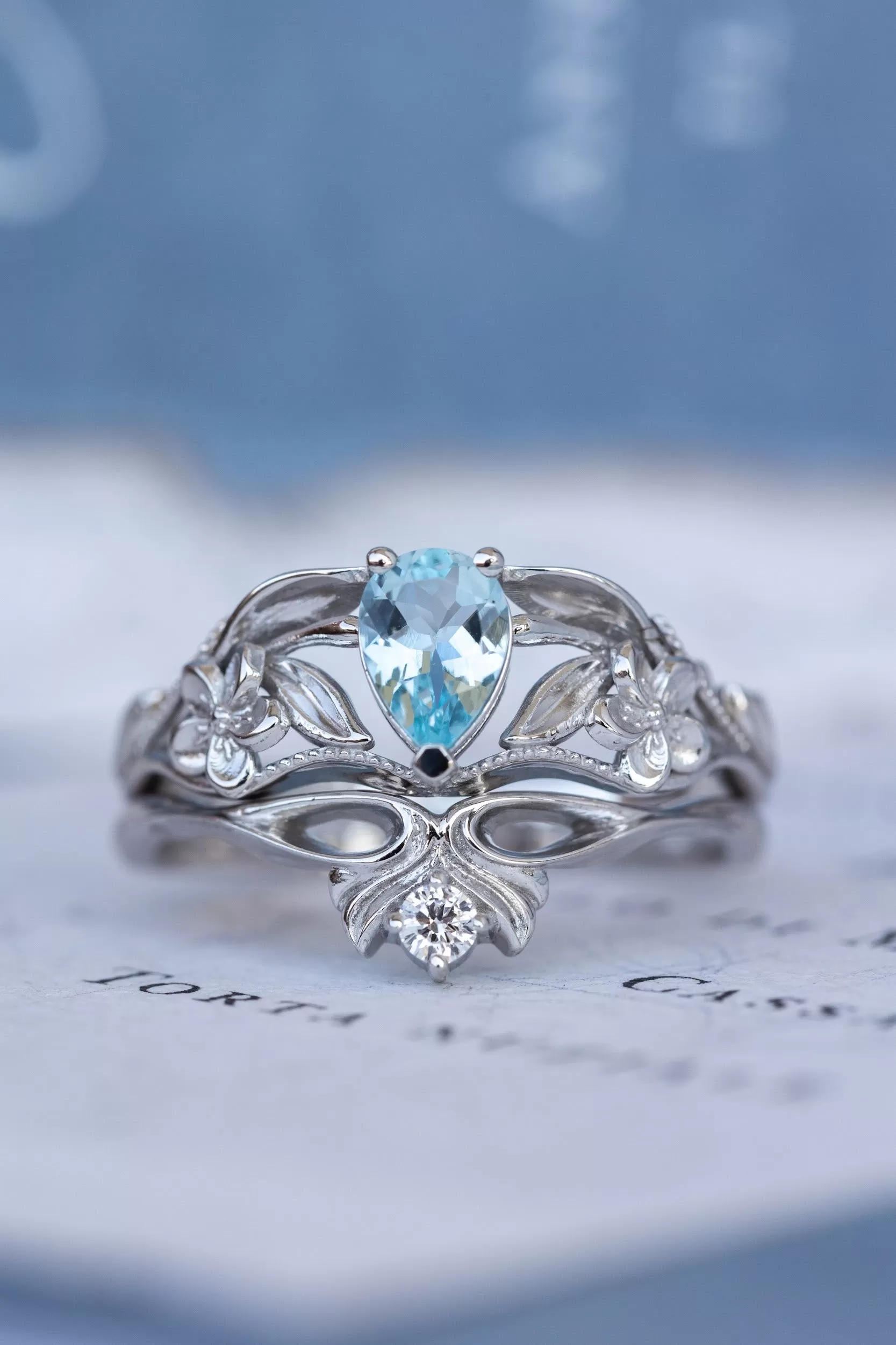 READY TO SHIP: Eloise ring set in 14K white gold, natural aquamarine pear cut 7x5 mm, accent natural diamond, AVAILABLE RING SIZES: 8-10US