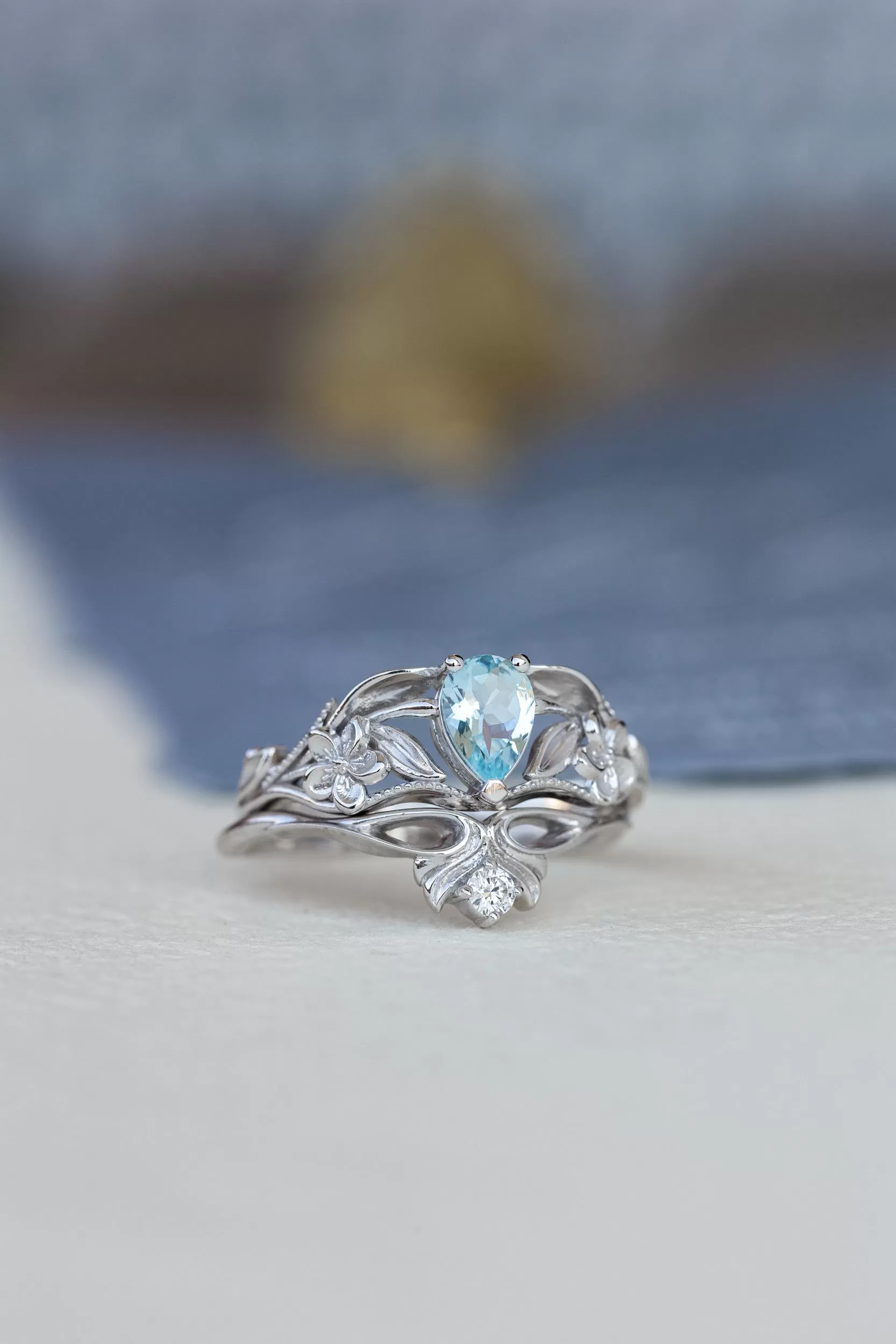 READY TO SHIP: Eloise ring set in 14K white gold, natural aquamarine pear cut 7x5 mm, accent natural diamond, AVAILABLE RING SIZES: 8-10US