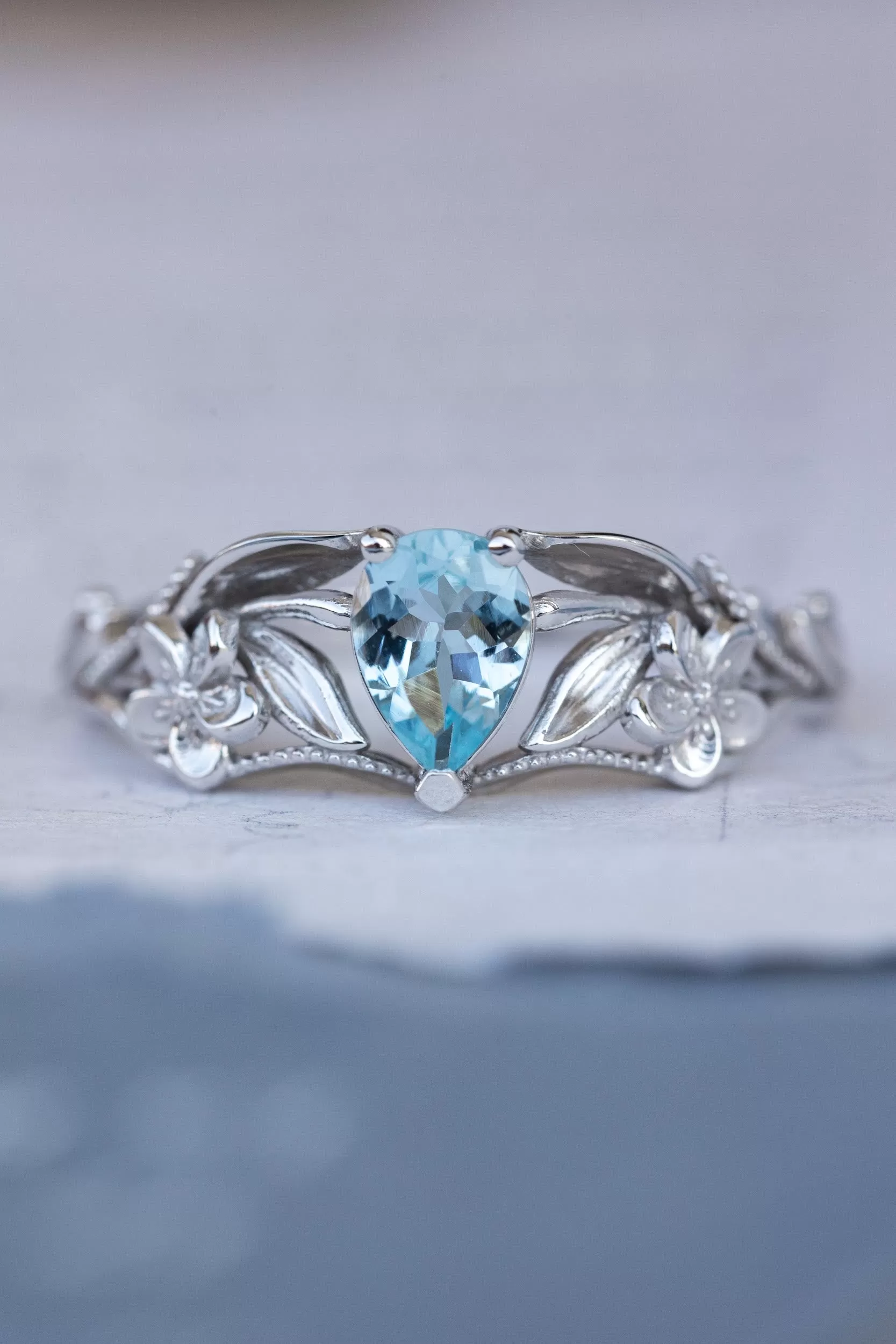 READY TO SHIP: Eloise ring set in 14K white gold, natural aquamarine pear cut 7x5 mm, accent natural diamond, AVAILABLE RING SIZES: 8-10US