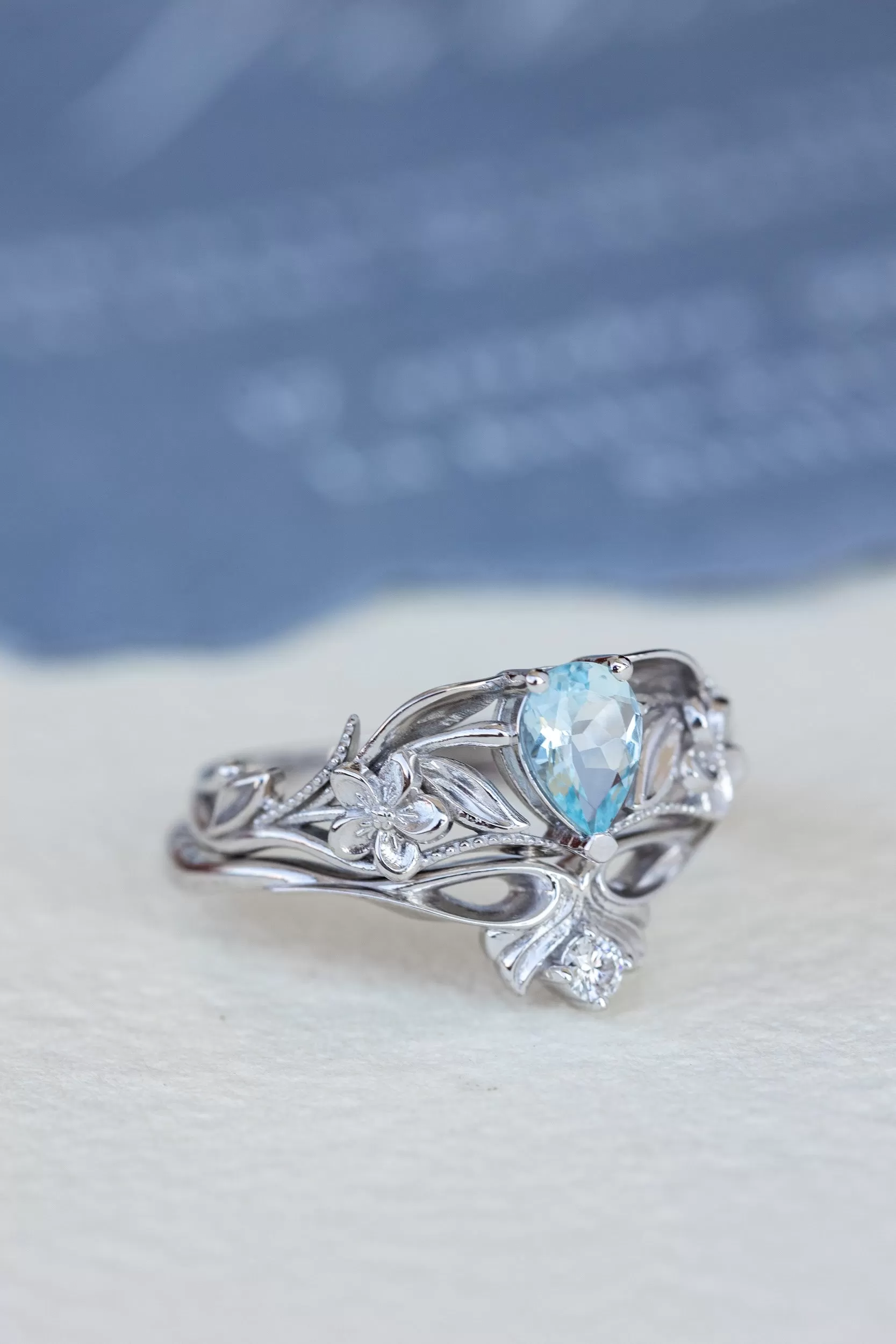 READY TO SHIP: Eloise ring set in 14K white gold, natural aquamarine pear cut 7x5 mm, accent natural diamond, AVAILABLE RING SIZES: 8-10US