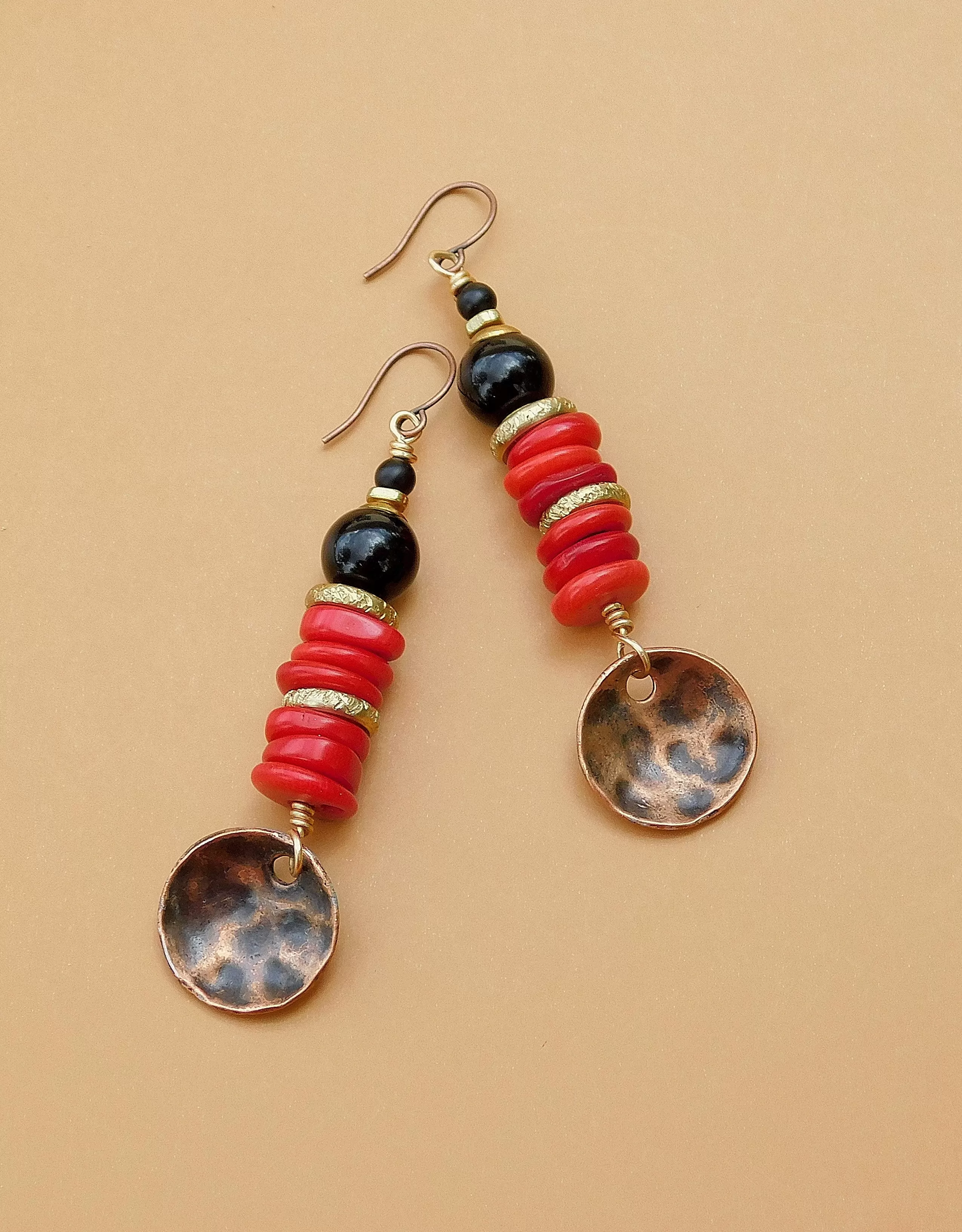 Red Magnesite and Black Onyx Copper Disc Earrings