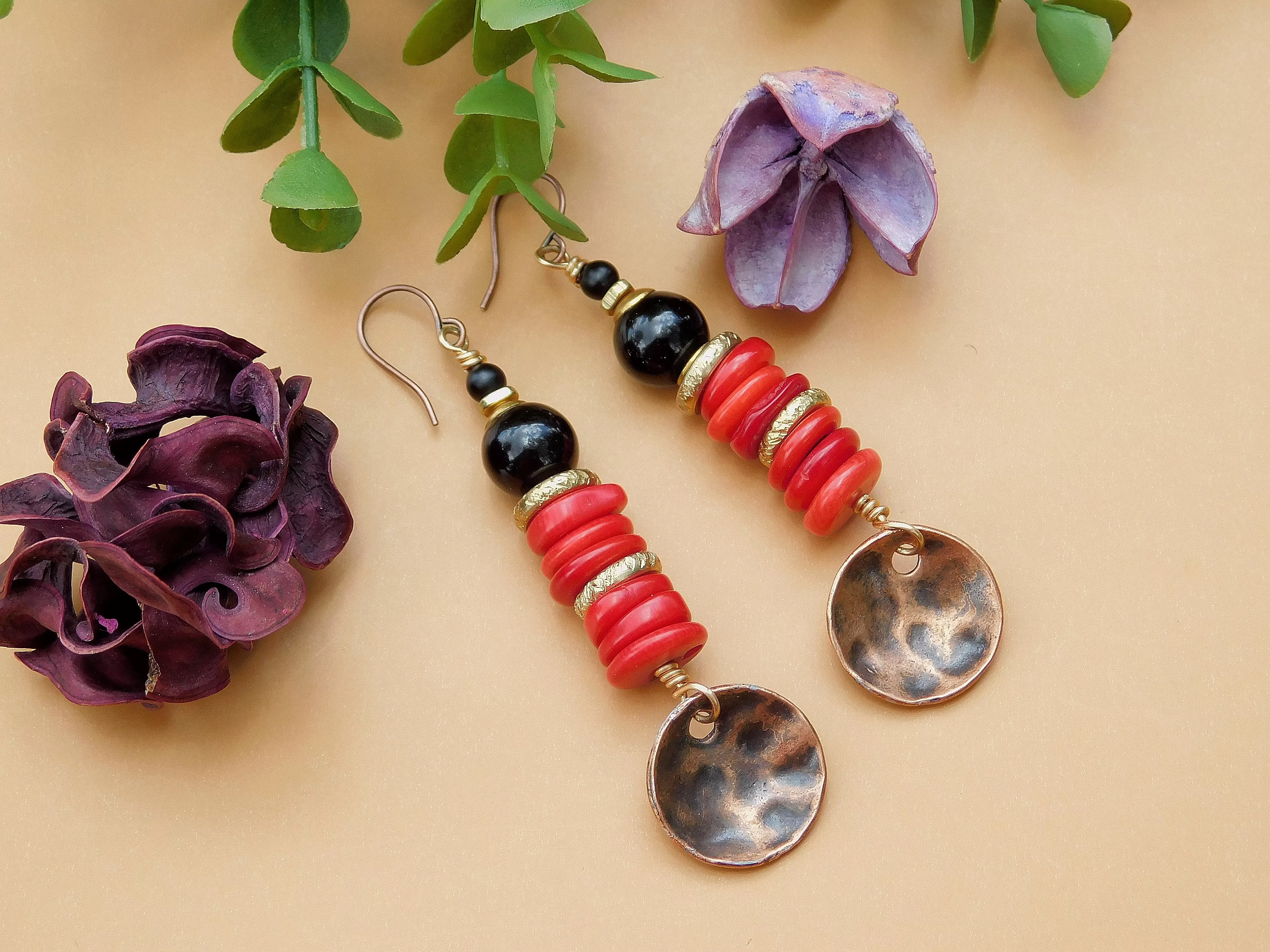 Red Magnesite and Black Onyx Copper Disc Earrings