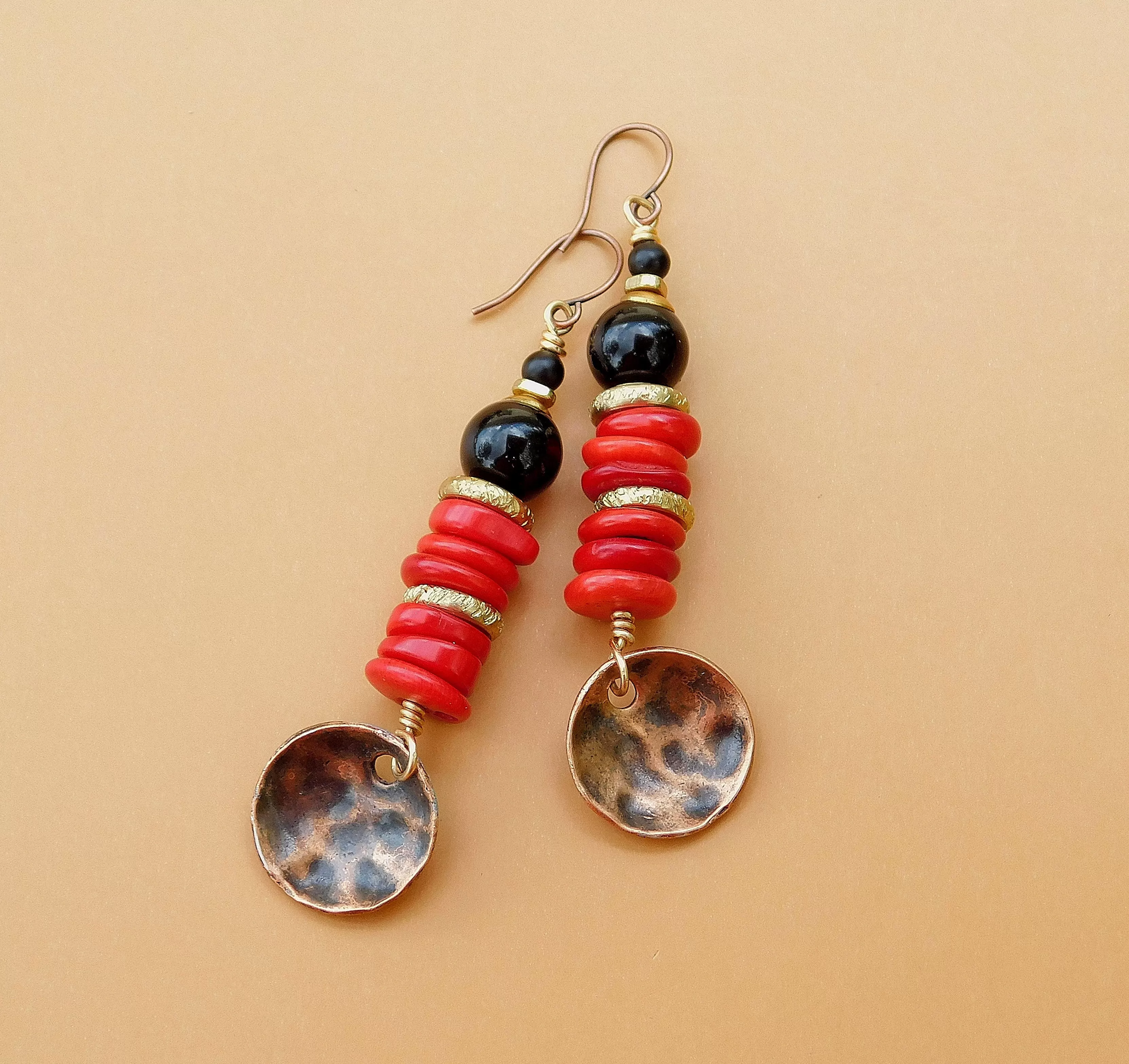 Red Magnesite and Black Onyx Copper Disc Earrings