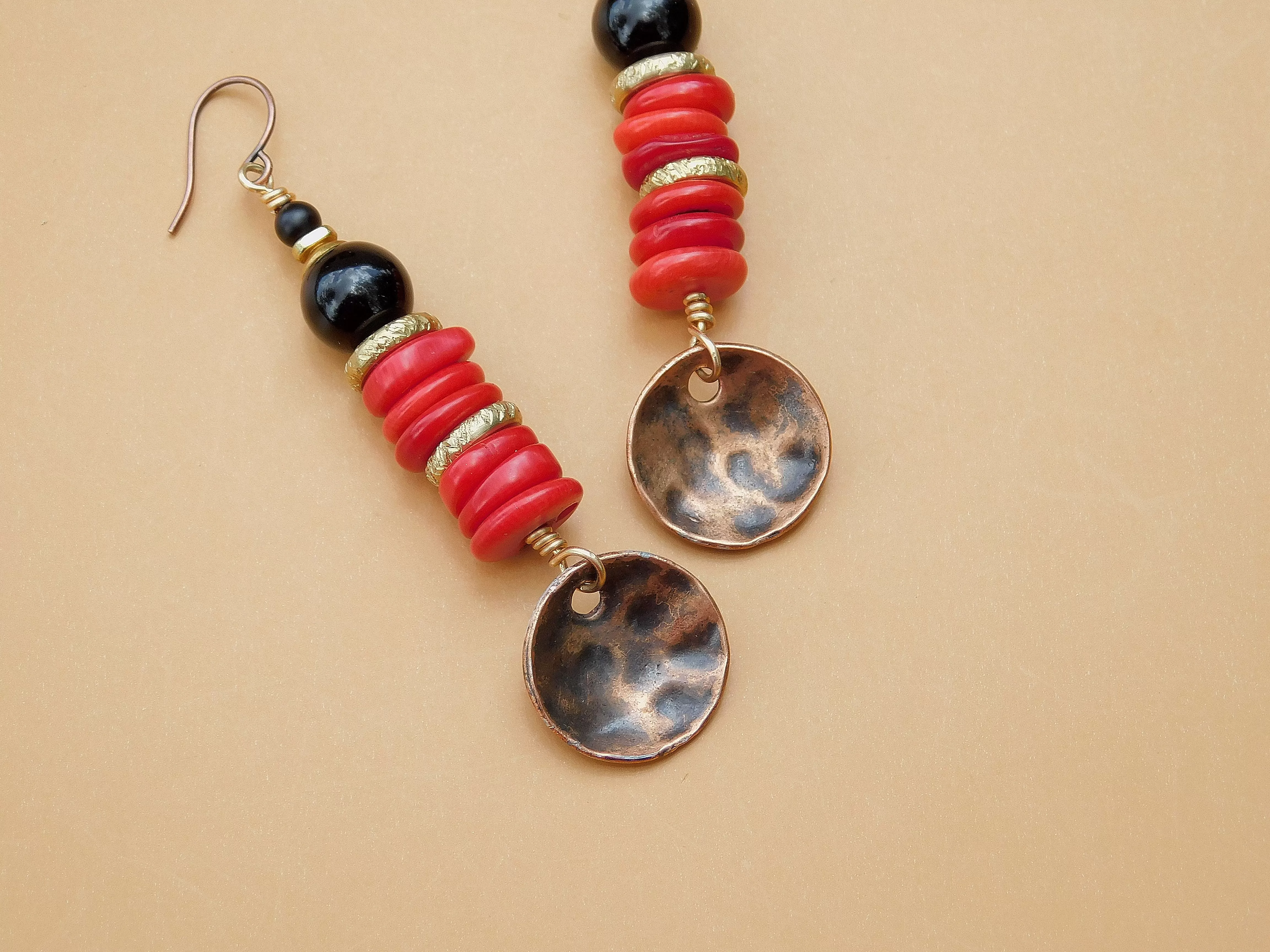 Red Magnesite and Black Onyx Copper Disc Earrings