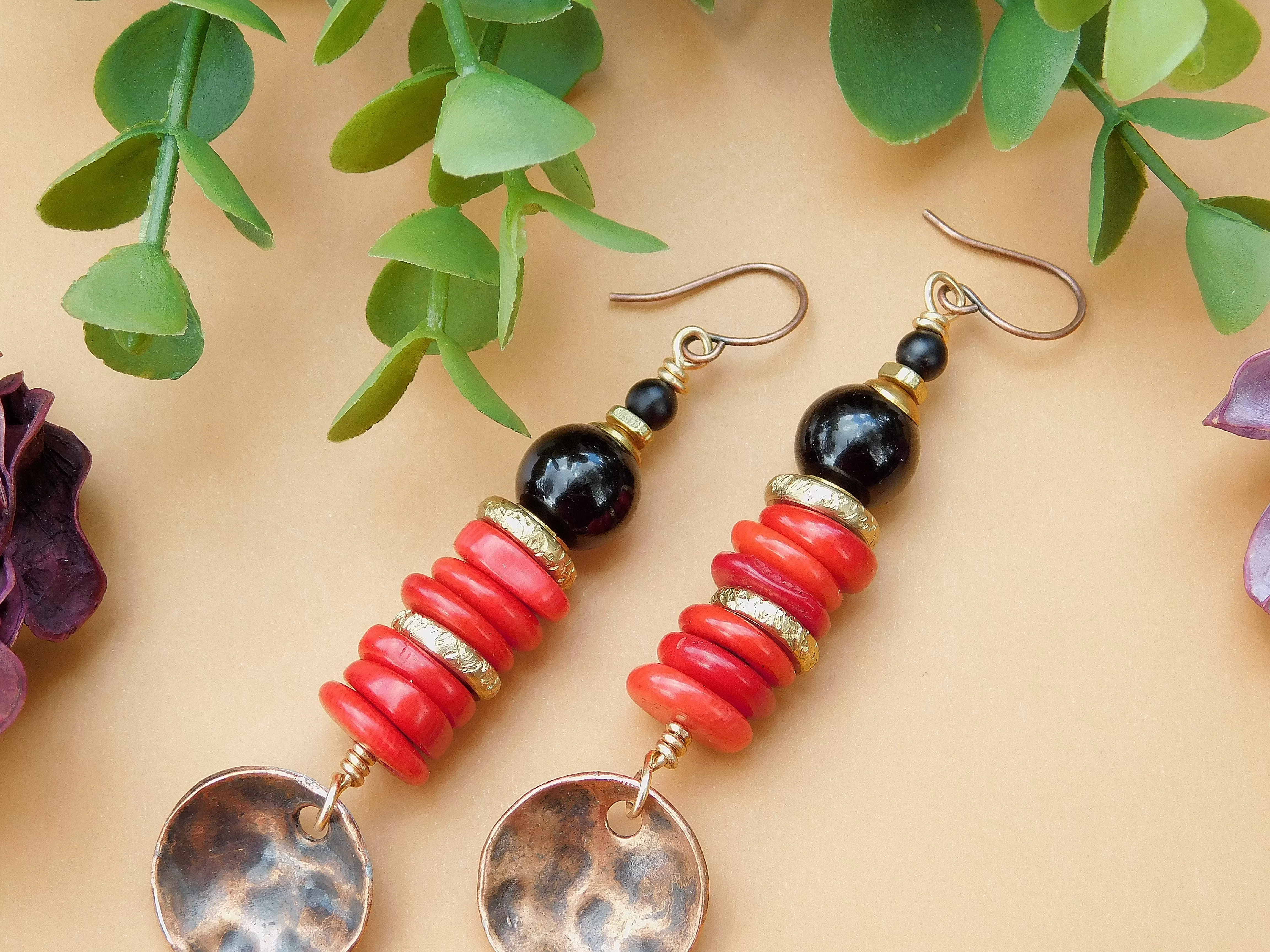 Red Magnesite and Black Onyx Copper Disc Earrings